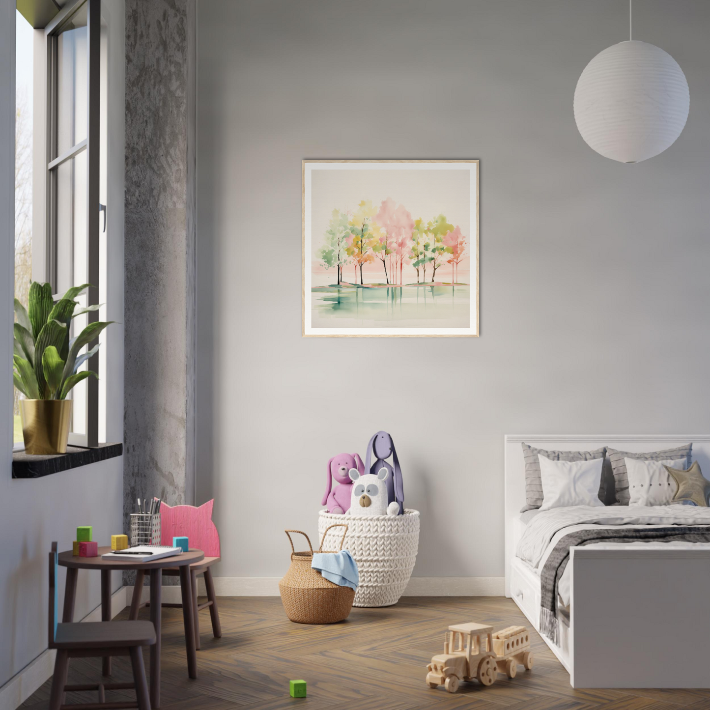 Modern gray and white bedroom showcasing stylish nursery wall art and framed poster decor