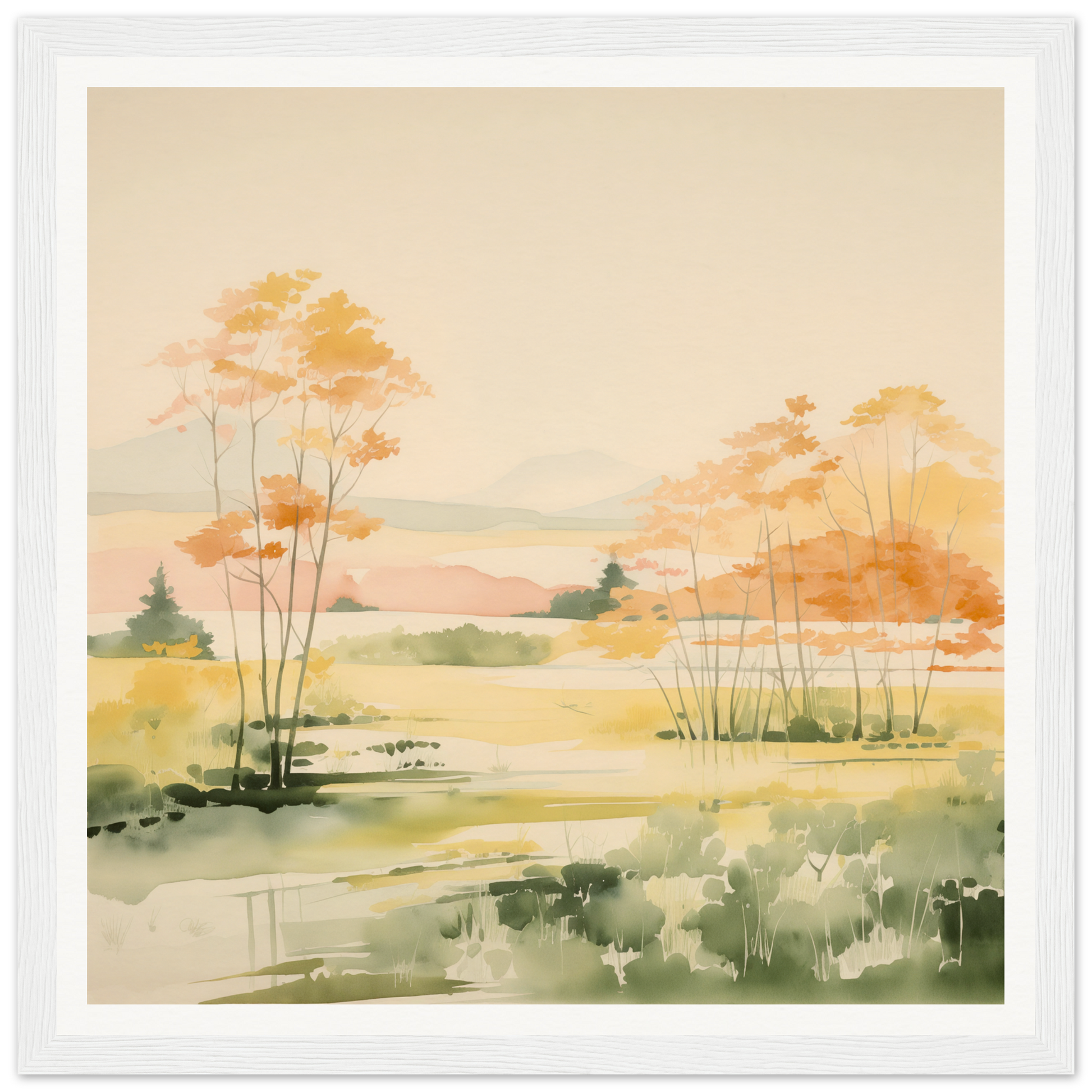 Watercolor landscape painting of autumn trees by a pond, perfect nursery wall art