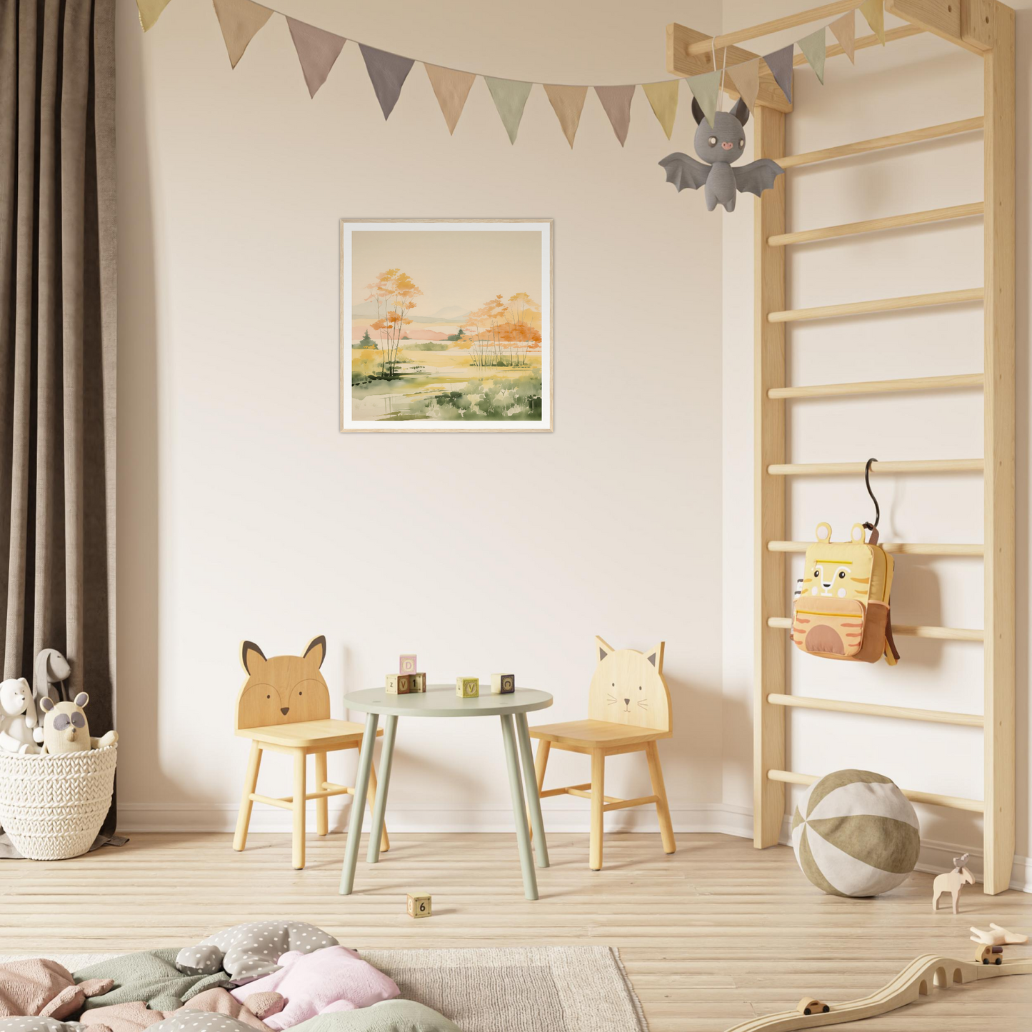 Colorful children’s play area featuring animal-themed chairs and a round table, perfect for nursery decor