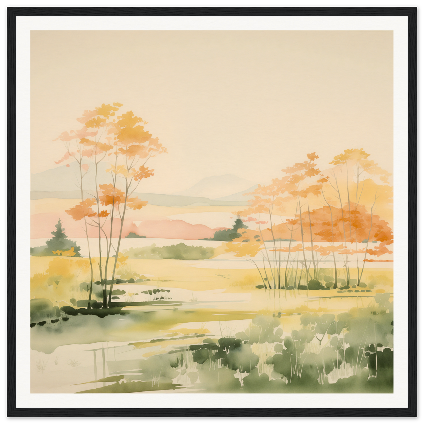 Watercolor landscape of autumn trees by a pond, perfect nursery wall art decor