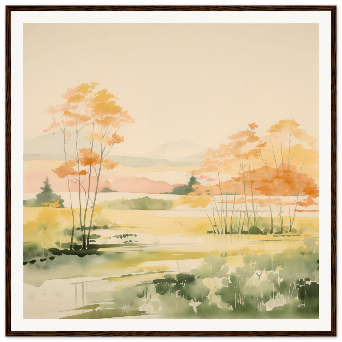 Watercolor landscape with autumn trees near a marsh, perfect nursery wall art