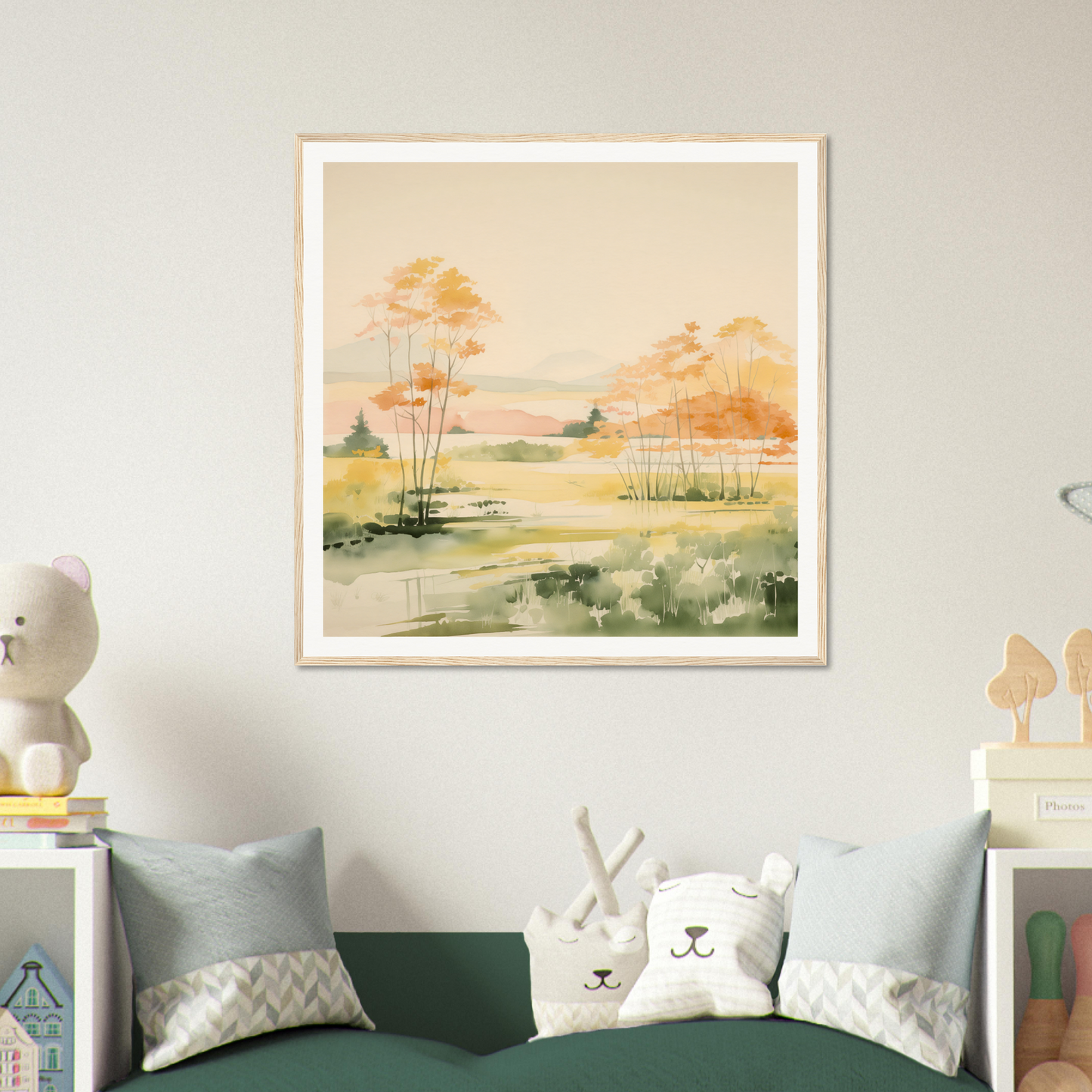 Framed watercolor autumn landscape art perfect for nursery decor or framed poster