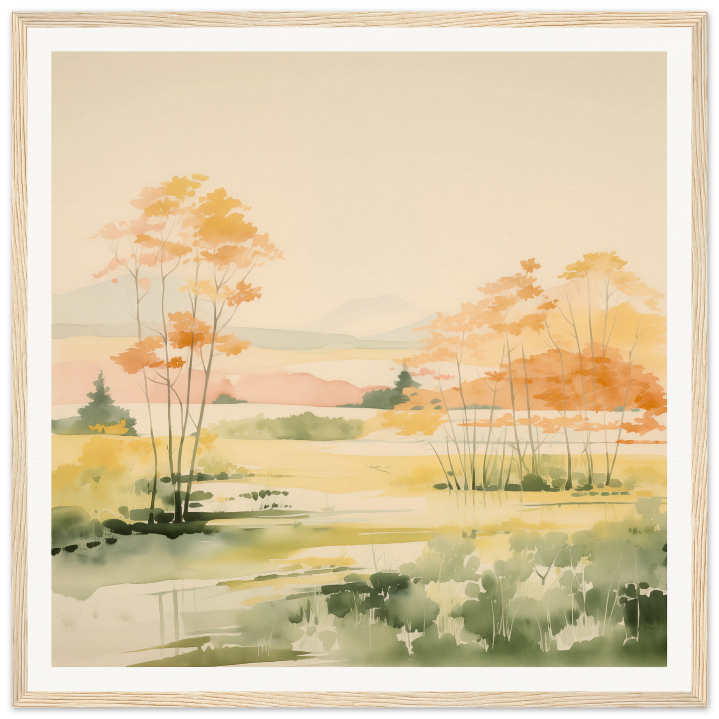 Watercolor landscape painting of autumn trees by a pond for nursery wall art decor