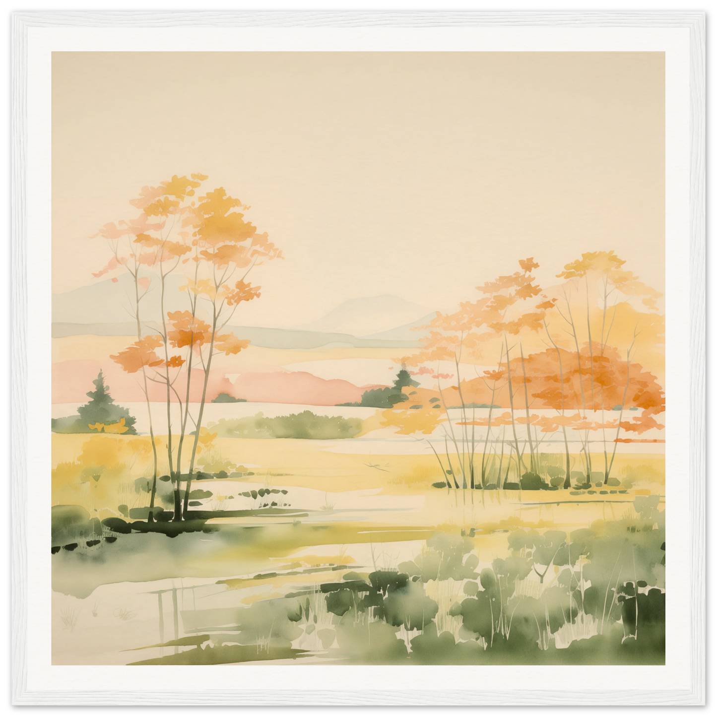 Watercolor landscape painting of autumn trees by a pond perfect for nursery wall art