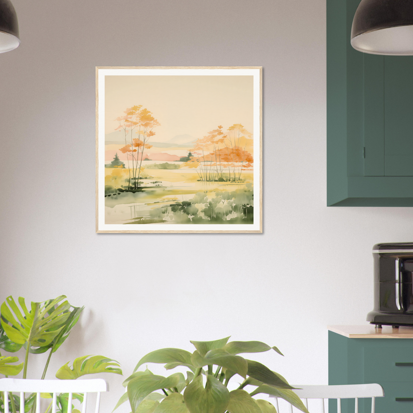 Framed watercolor nursery wall art of a tranquil landscape in warm orange tones