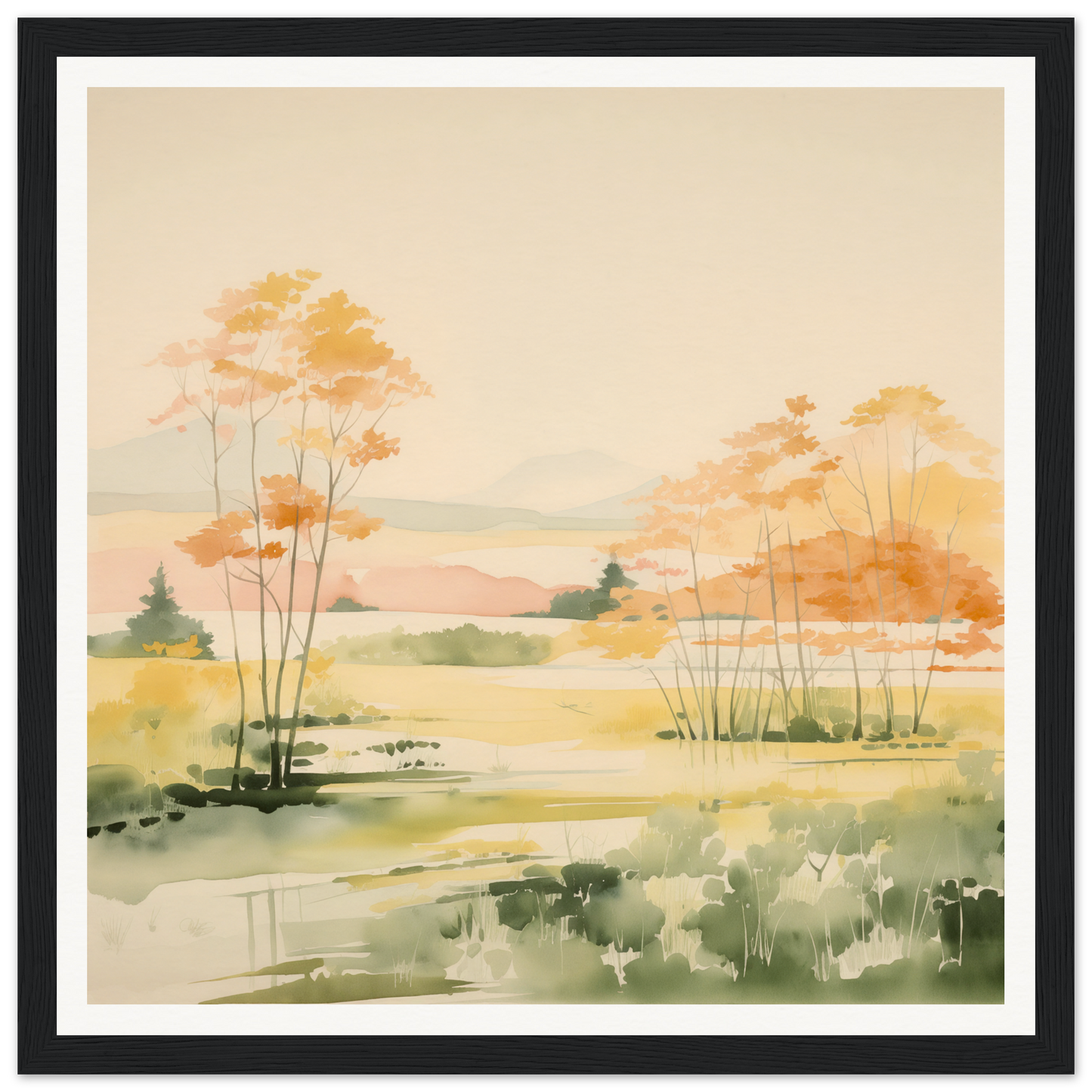 Watercolor landscape painting of autumn trees by a pond for nursery wall art
