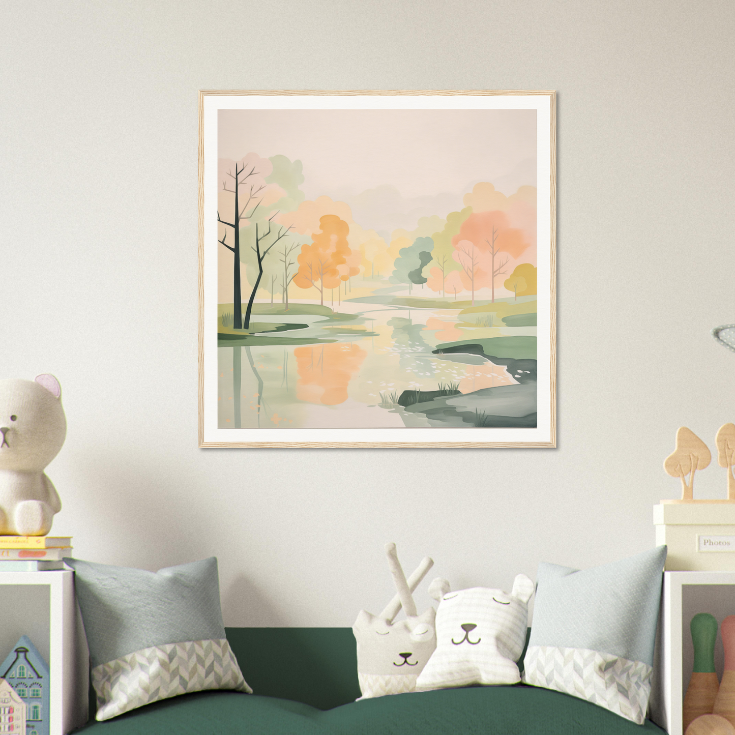 Framed watercolor landscape painting for nursery wall art with soft pastels and reflections