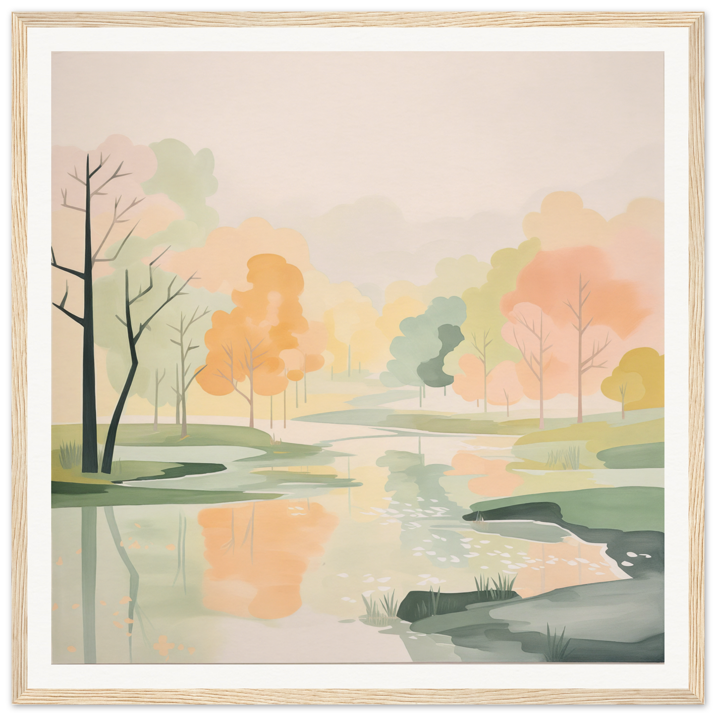 Peaceful watercolor landscape with autumn trees for nursery wall art or decor