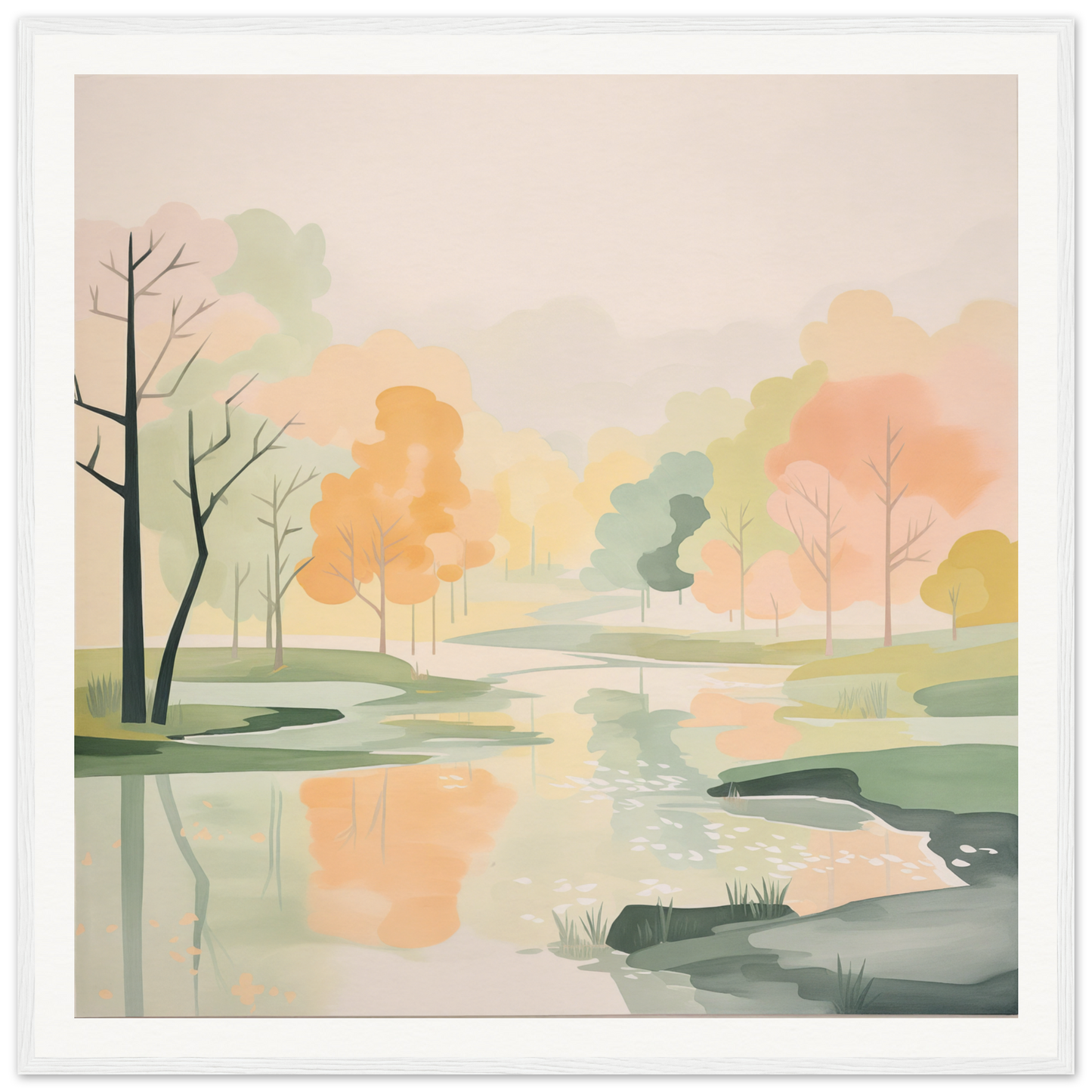 Peaceful watercolor landscape with autumn trees for nursery wall art or decor