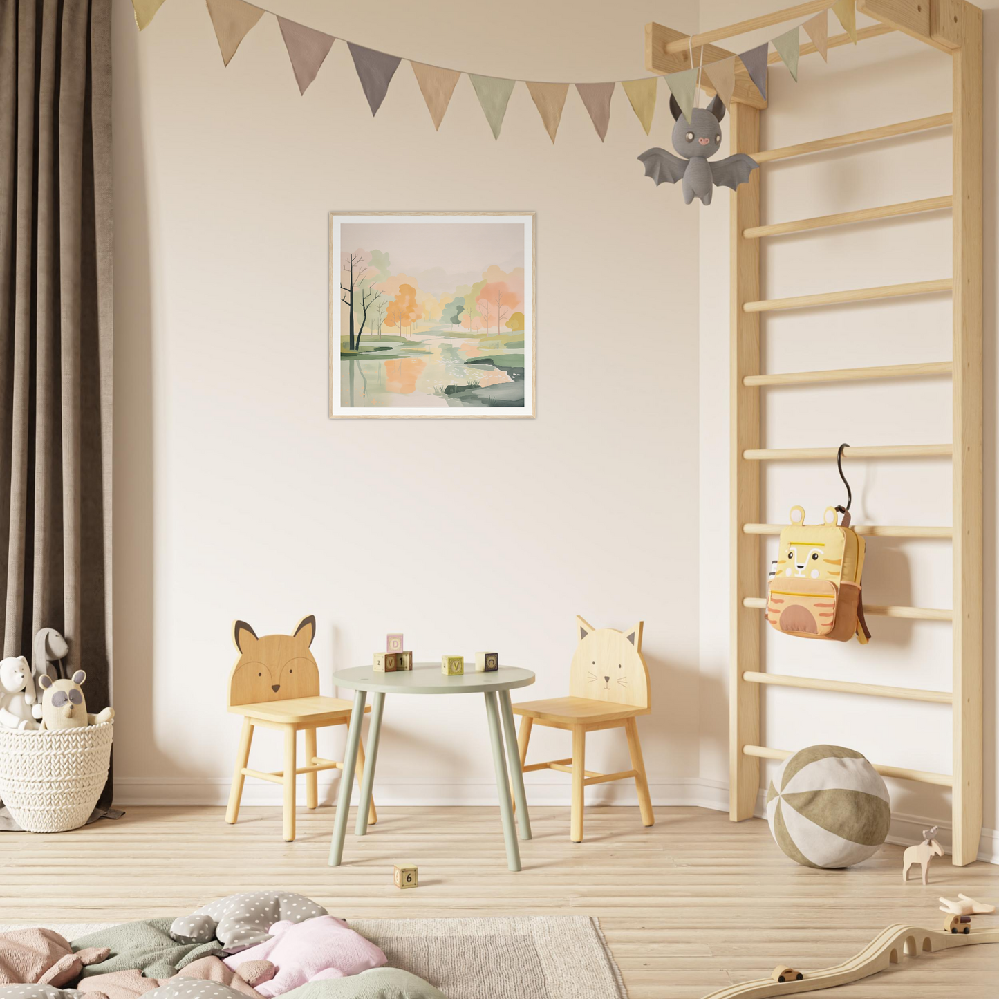 Children’s play area featuring animal-themed chairs and table, great for nursery decor