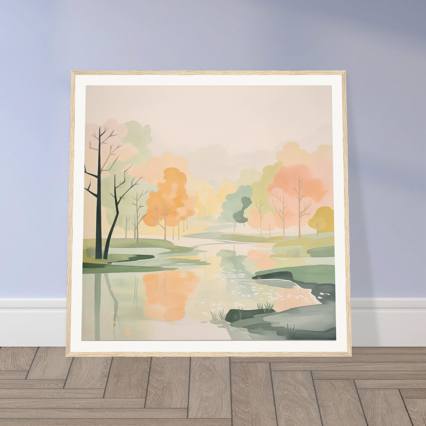 Framed watercolor painting of a misty autumn landscape for nursery wall art decor