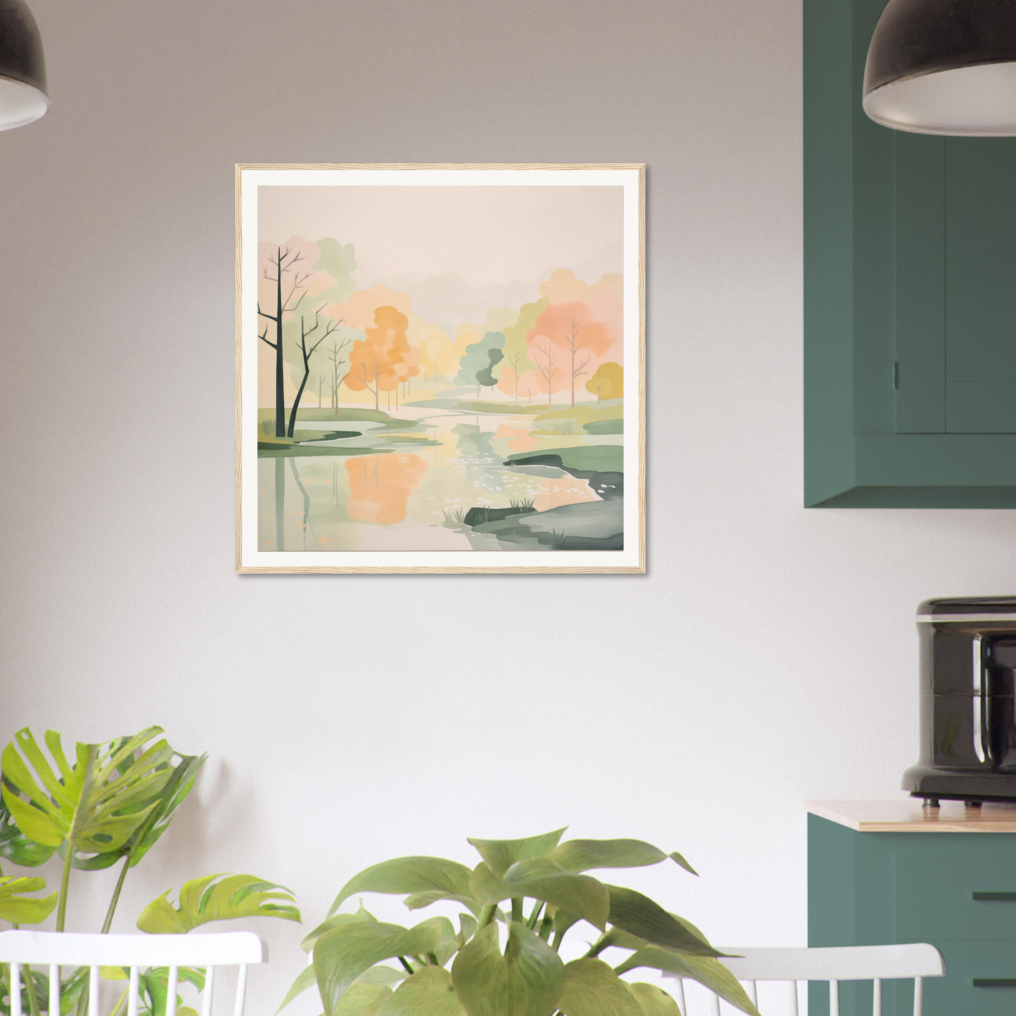 Framed watercolor painting of a tranquil landscape, perfect for nursery wall art