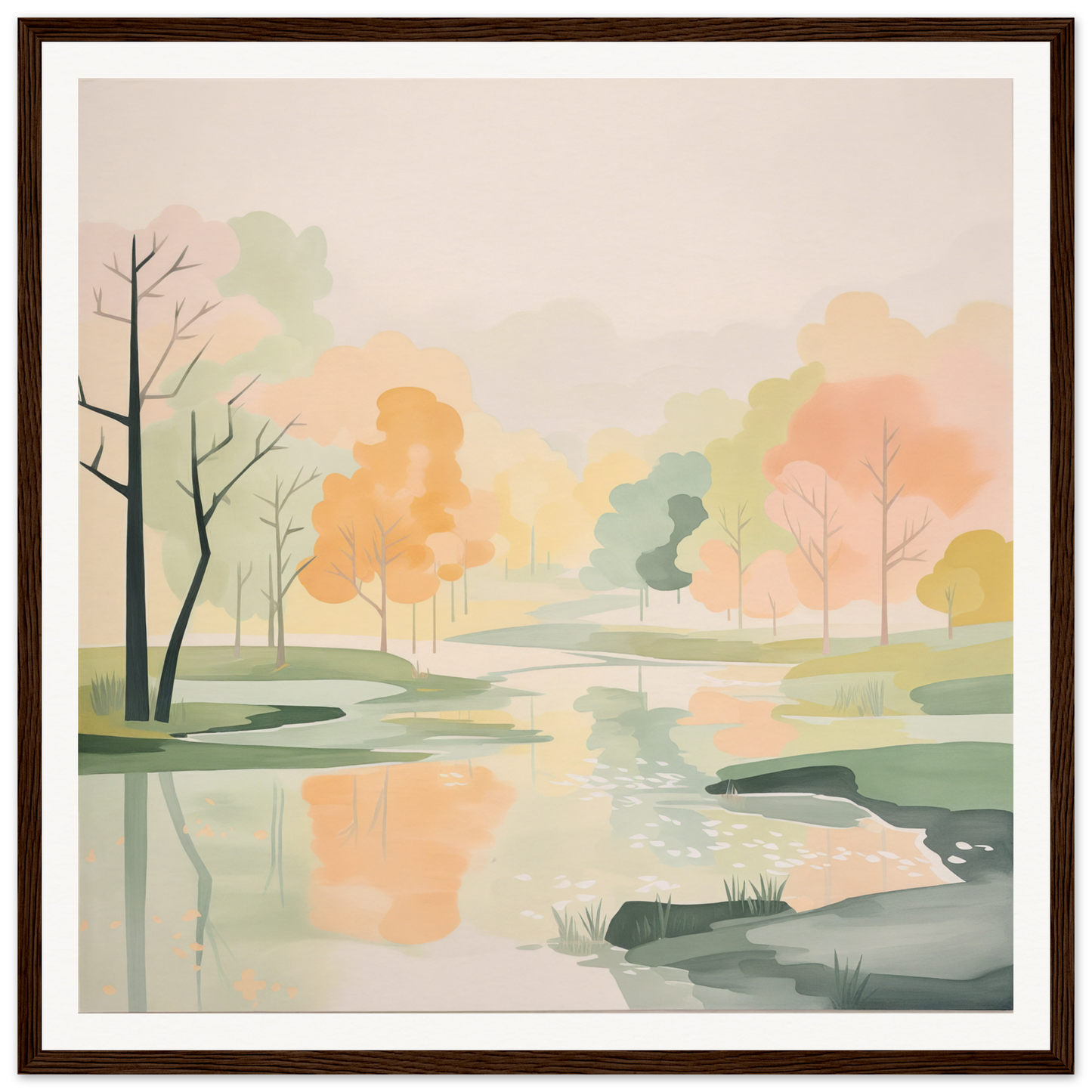 Watercolor landscape of a peaceful pond with autumn trees, perfect nursery wall art