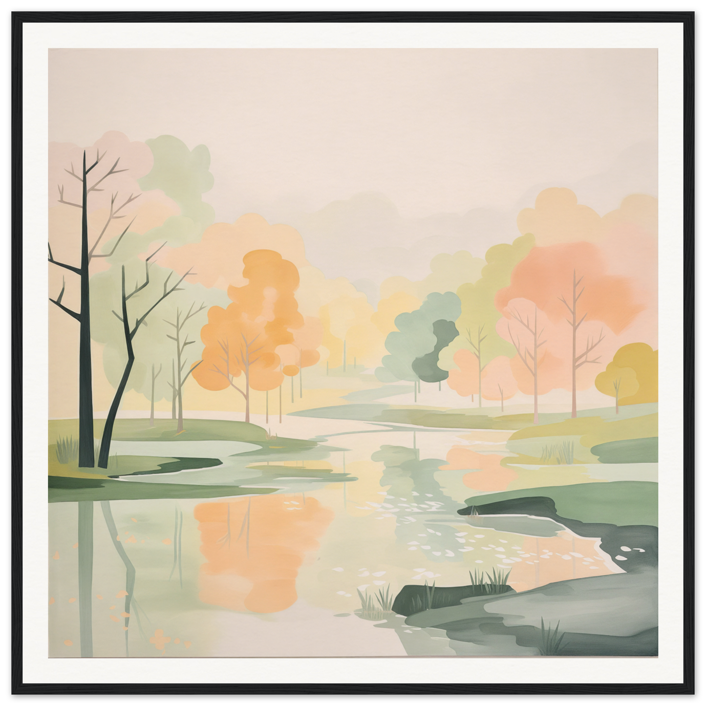 Watercolor landscape of a peaceful pond with autumn trees for nursery wall art decor