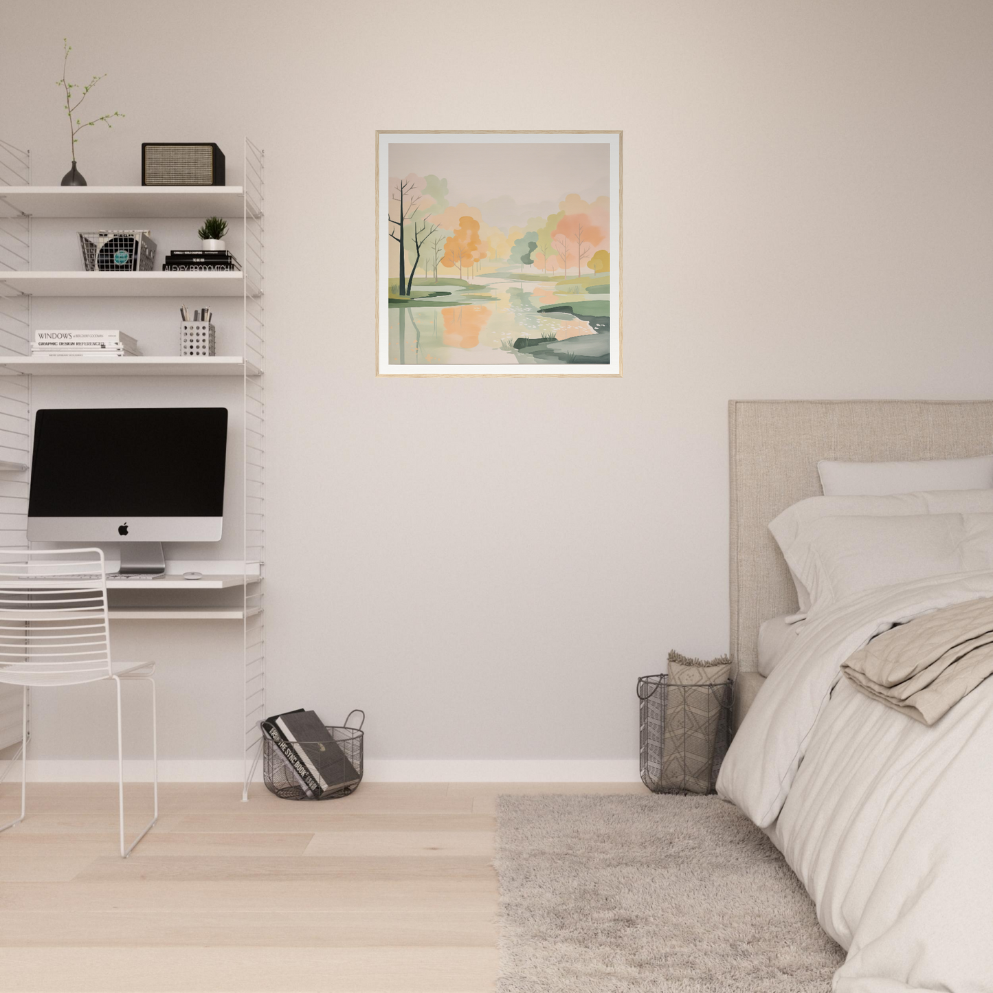Minimalist bedroom featuring floating shelves, iMac, and nursery wall art decor