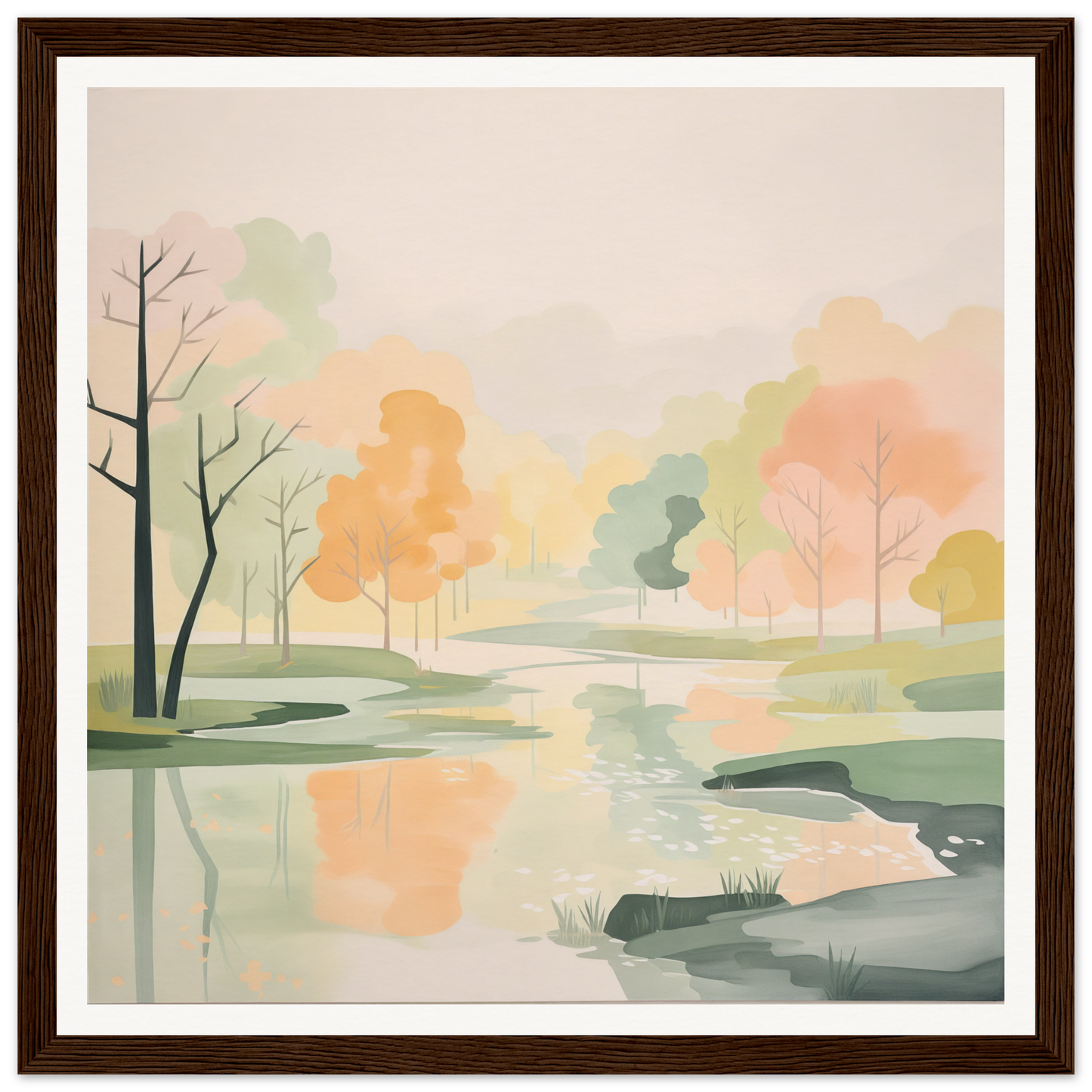 Watercolor landscape of a pond with autumn trees, perfect for nursery wall art