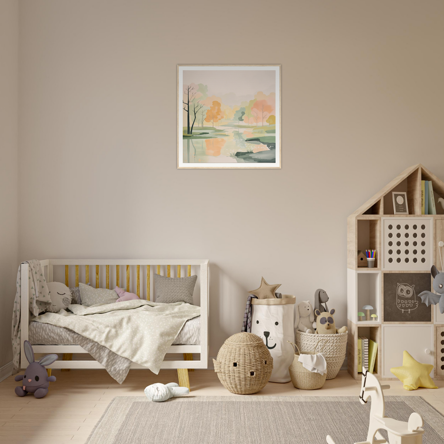 Wooden crib with gray bedding and yellow slats, perfect for nursery decor and framed poster