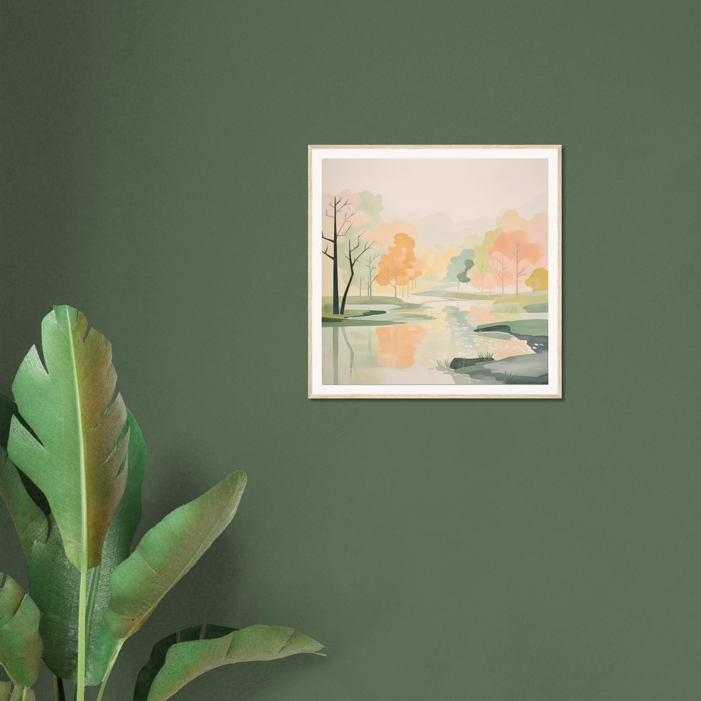 Framed watercolor landscape painting in peach and blue for nursery decor