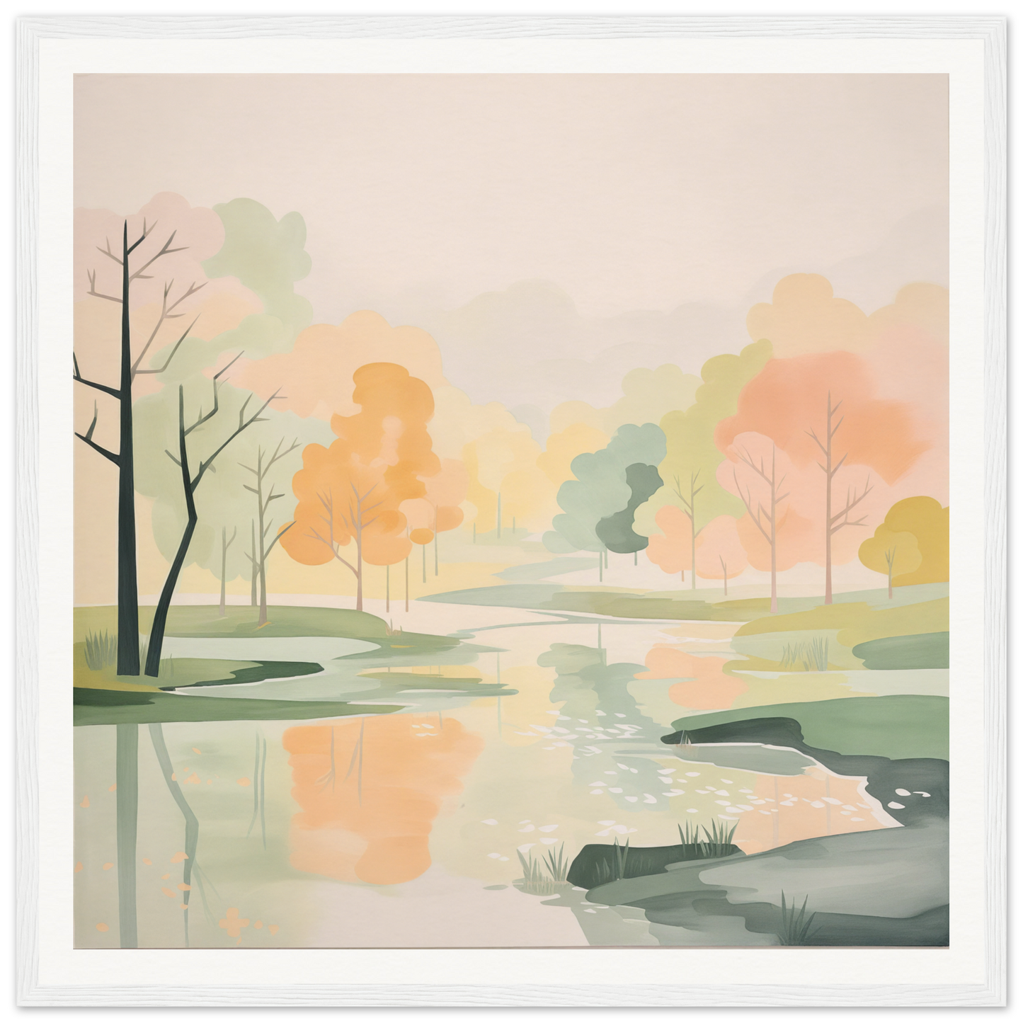 Peaceful watercolor landscape with a stream and autumn trees for nursery wall art