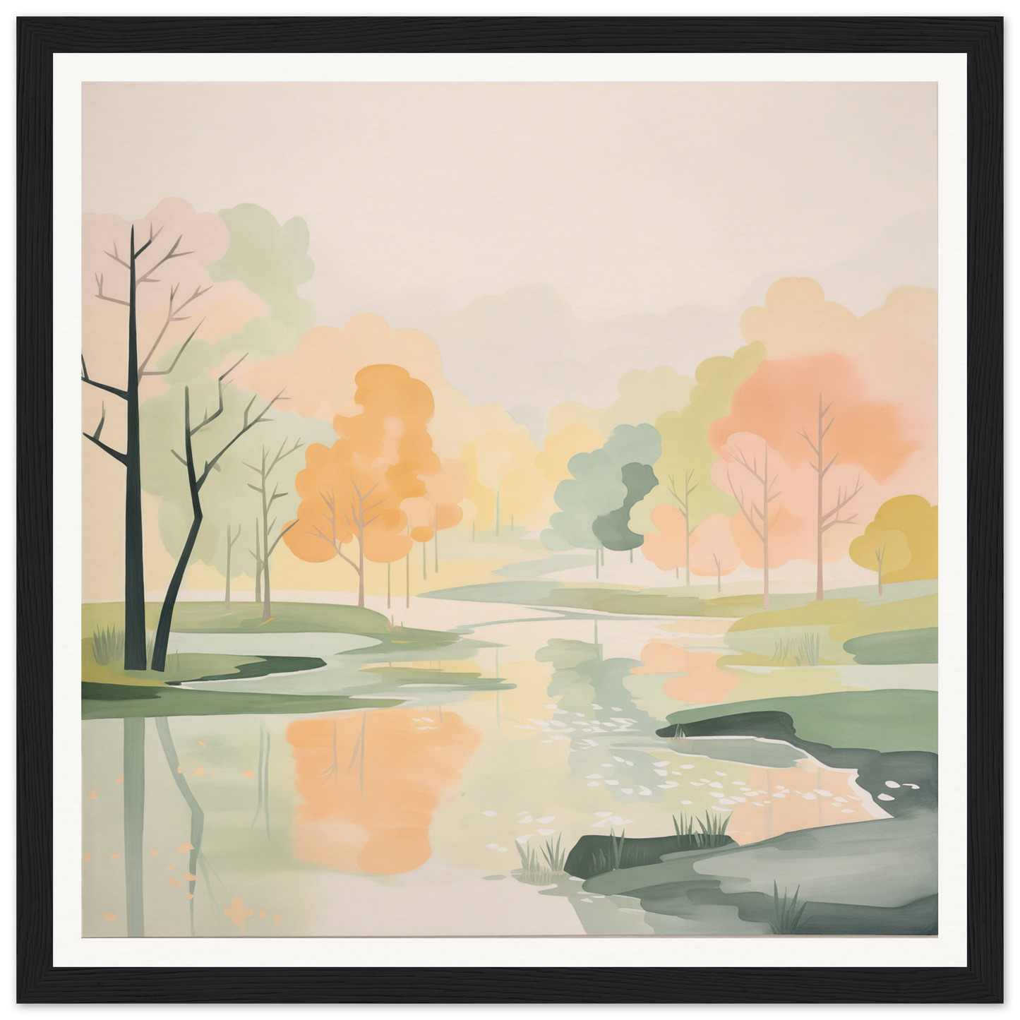 Peaceful watercolor trees reflected in a pond, perfect for nursery wall art decor