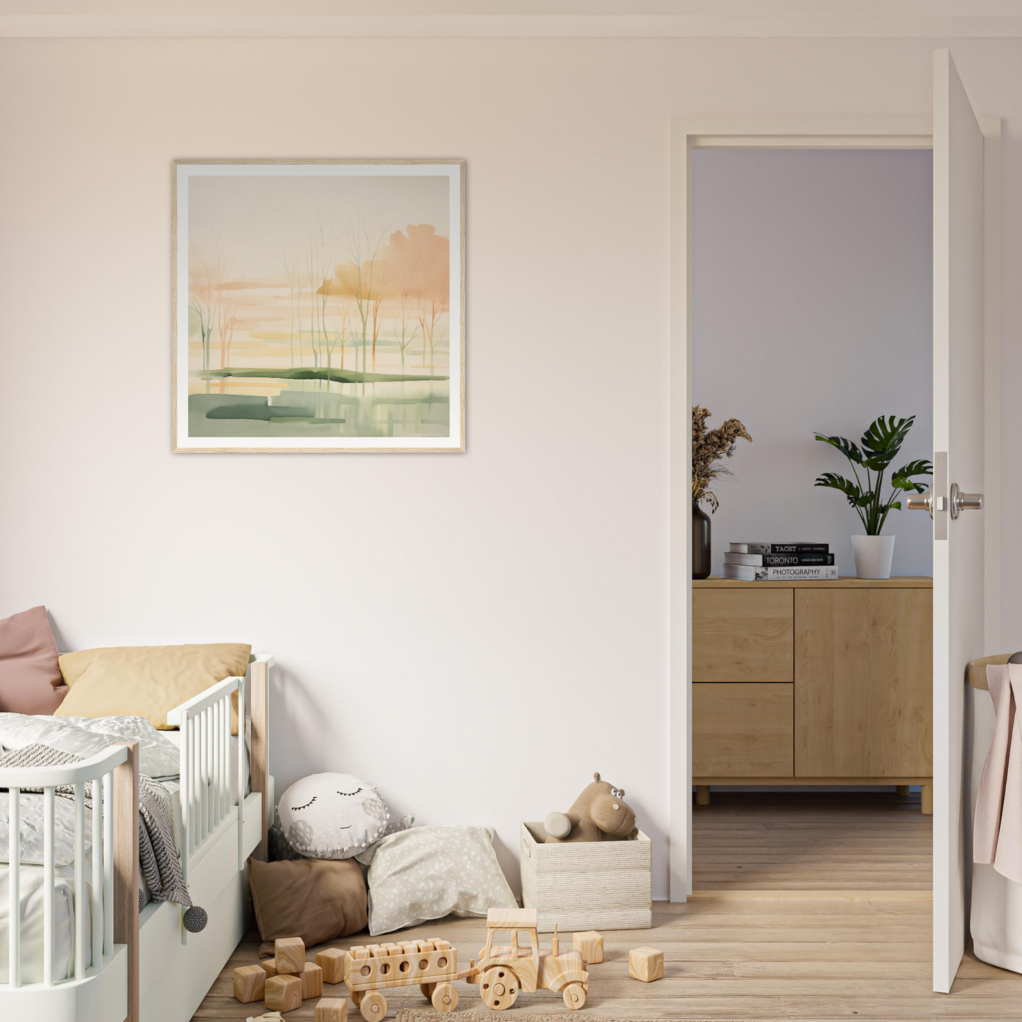 White wooden crib with curved railings ideal for stylish nursery decor and art
