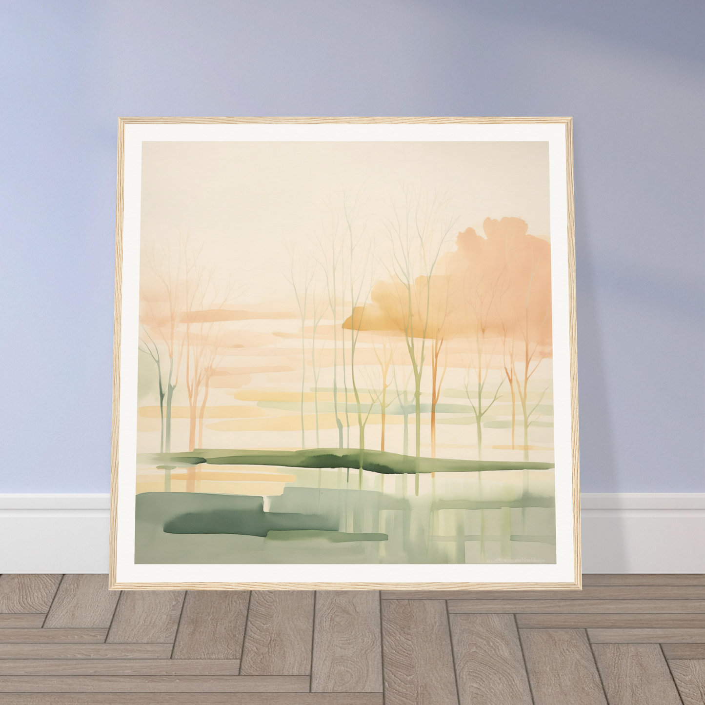 Framed watercolor painting of a misty landscape for nursery wall art or decor