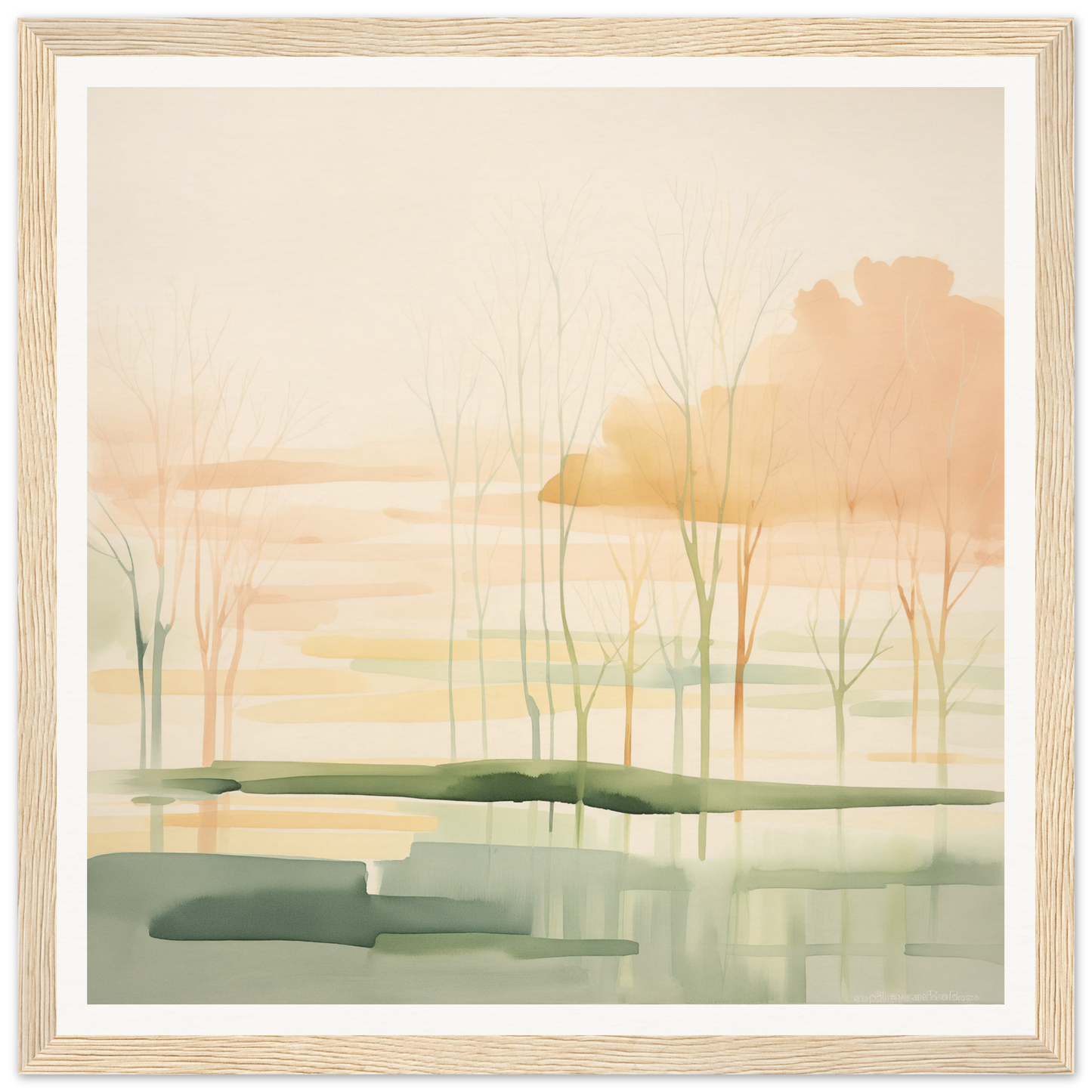 Watercolor painting of bare trees in a misty wetland for nursery wall art decor