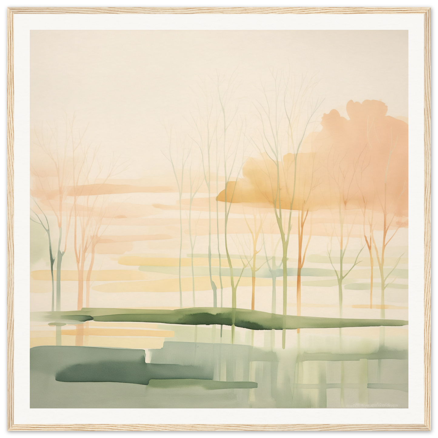 Watercolor nursery wall art of a misty wetland at sunrise with bare trees