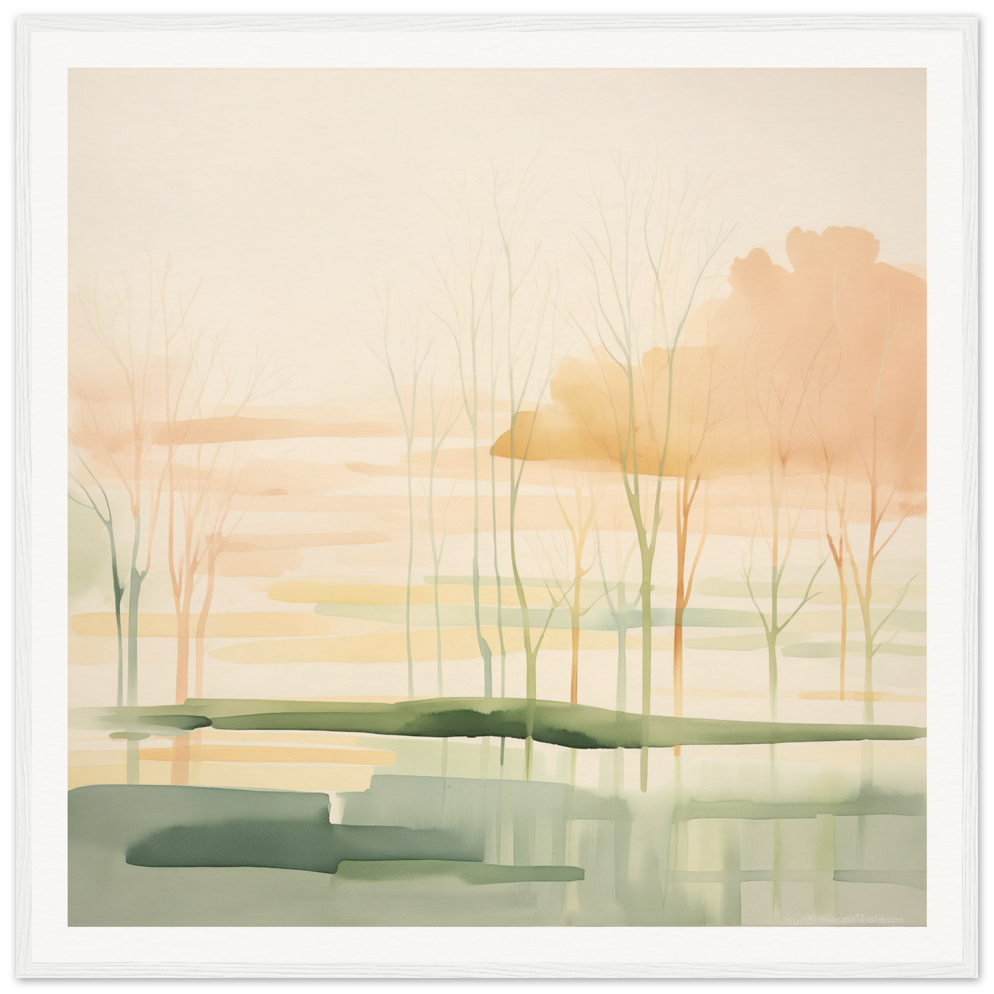 Watercolor painting of a misty wetland with bare trees for nursery wall art