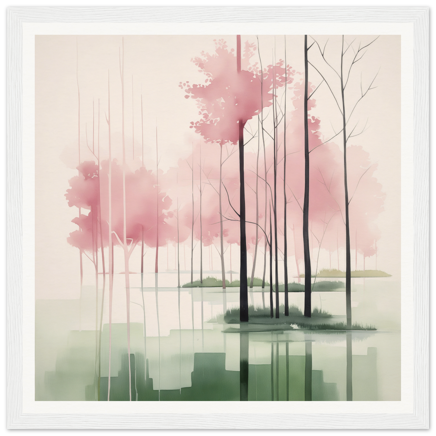 Minimalist watercolor misty trees with pink foliage for nursery wall art or decor