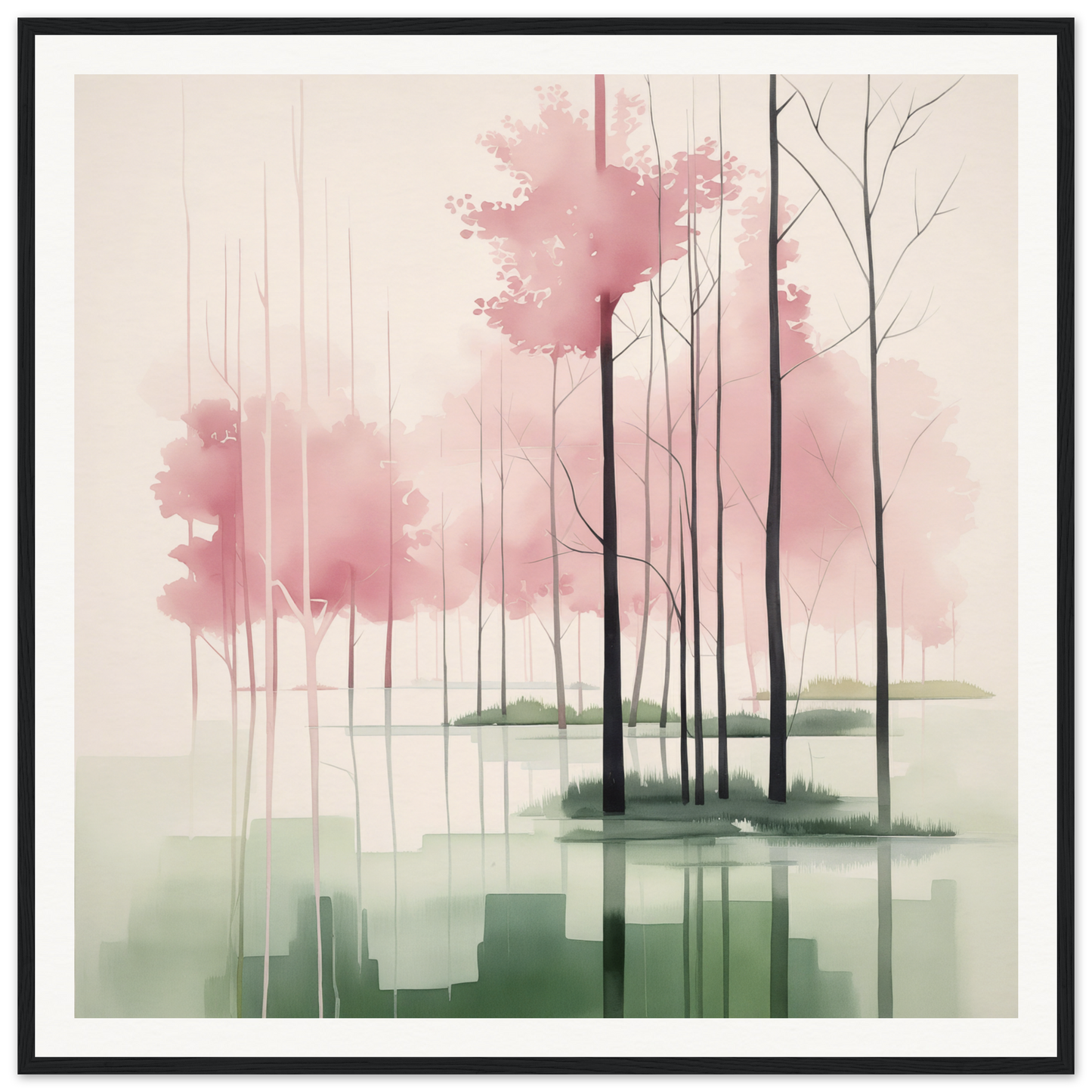Misty forest landscape with pink-topped trees, perfect for nursery wall art decor