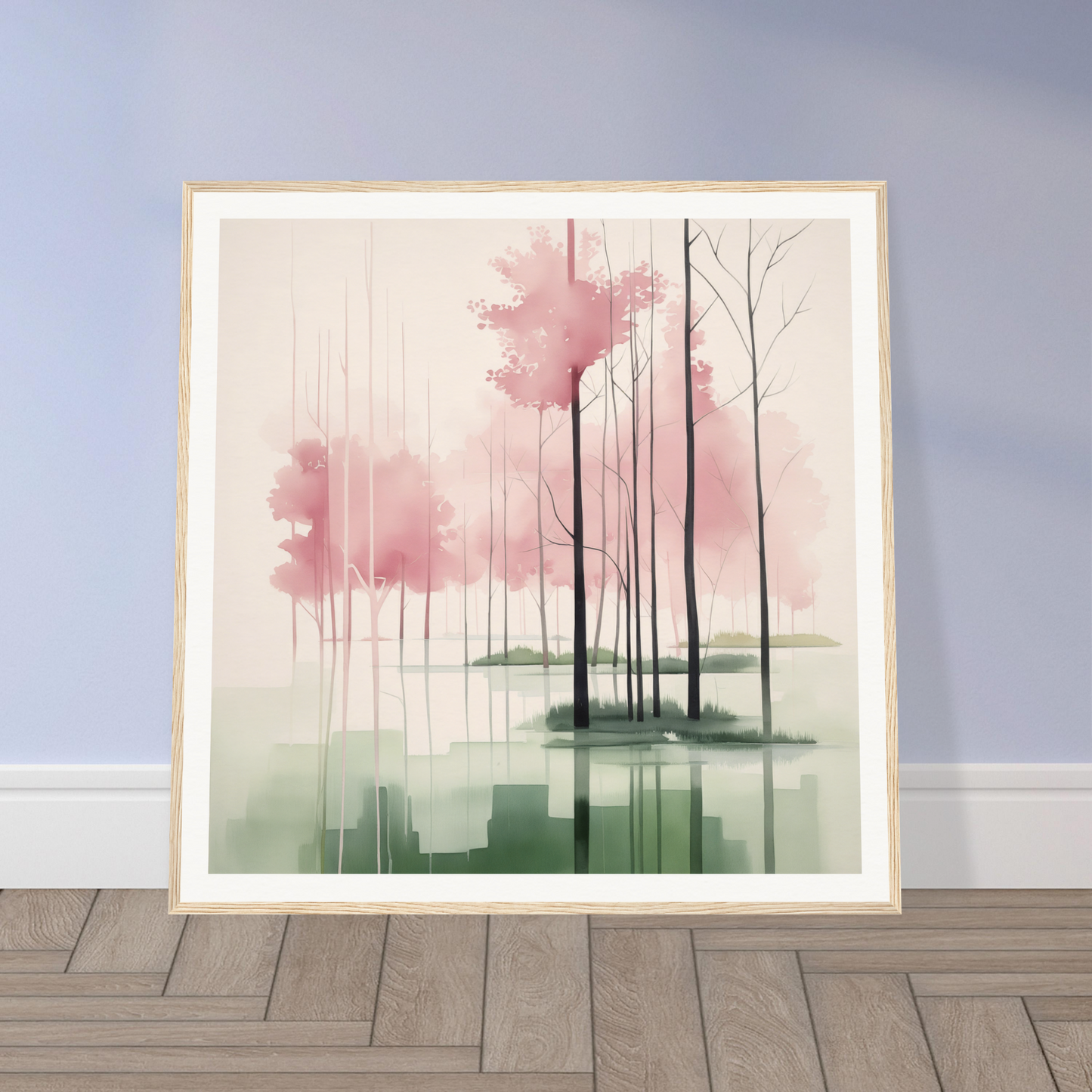 Framed watercolor painting of misty trees, perfect nursery wall art or decor