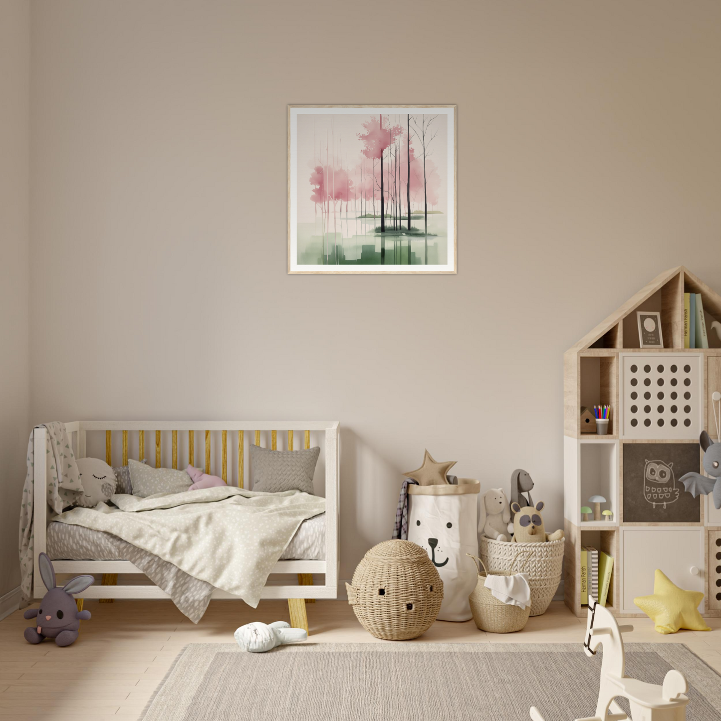 Wooden crib with gray bedding and yellow accents for stylish nursery decor product36