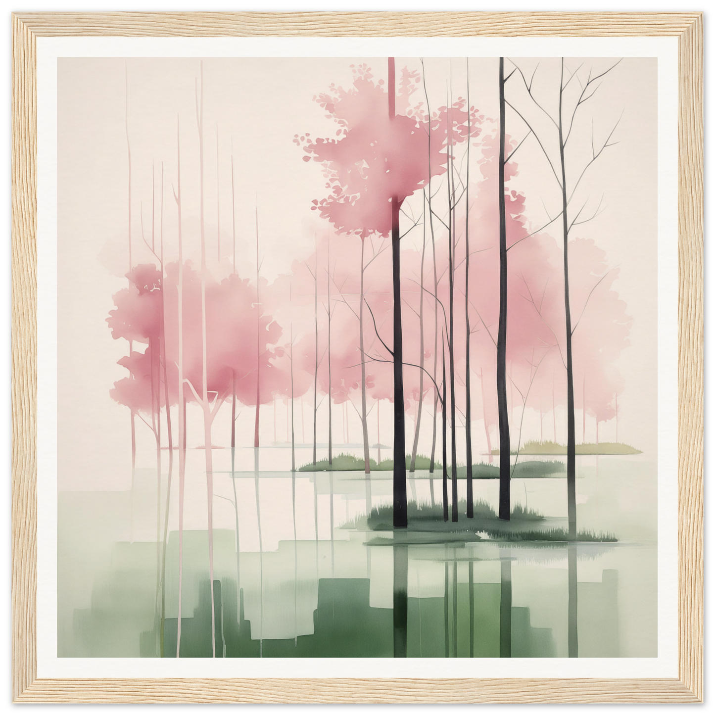 Watercolor painting of pink foliage trees reflecting in water, perfect for nursery wall art