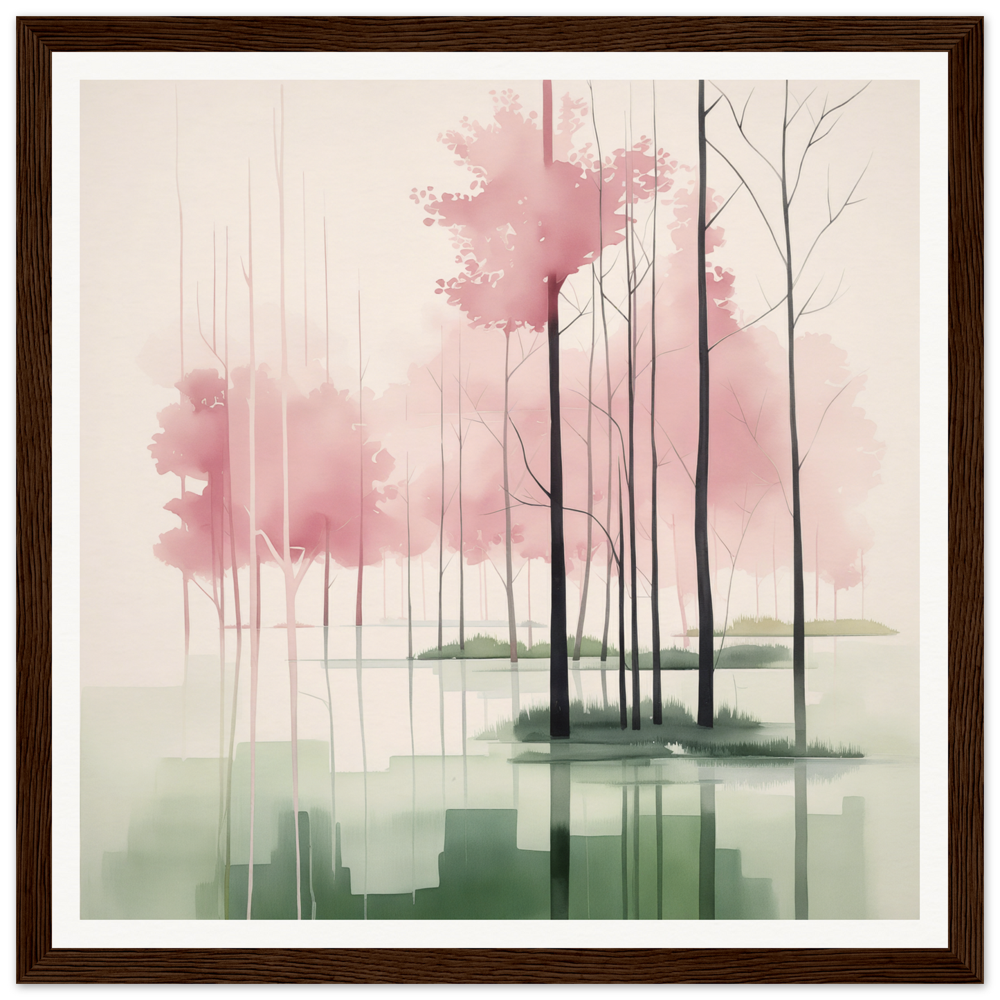 Minimalist watercolor painting of misty trees with pink foliage for nursery wall art