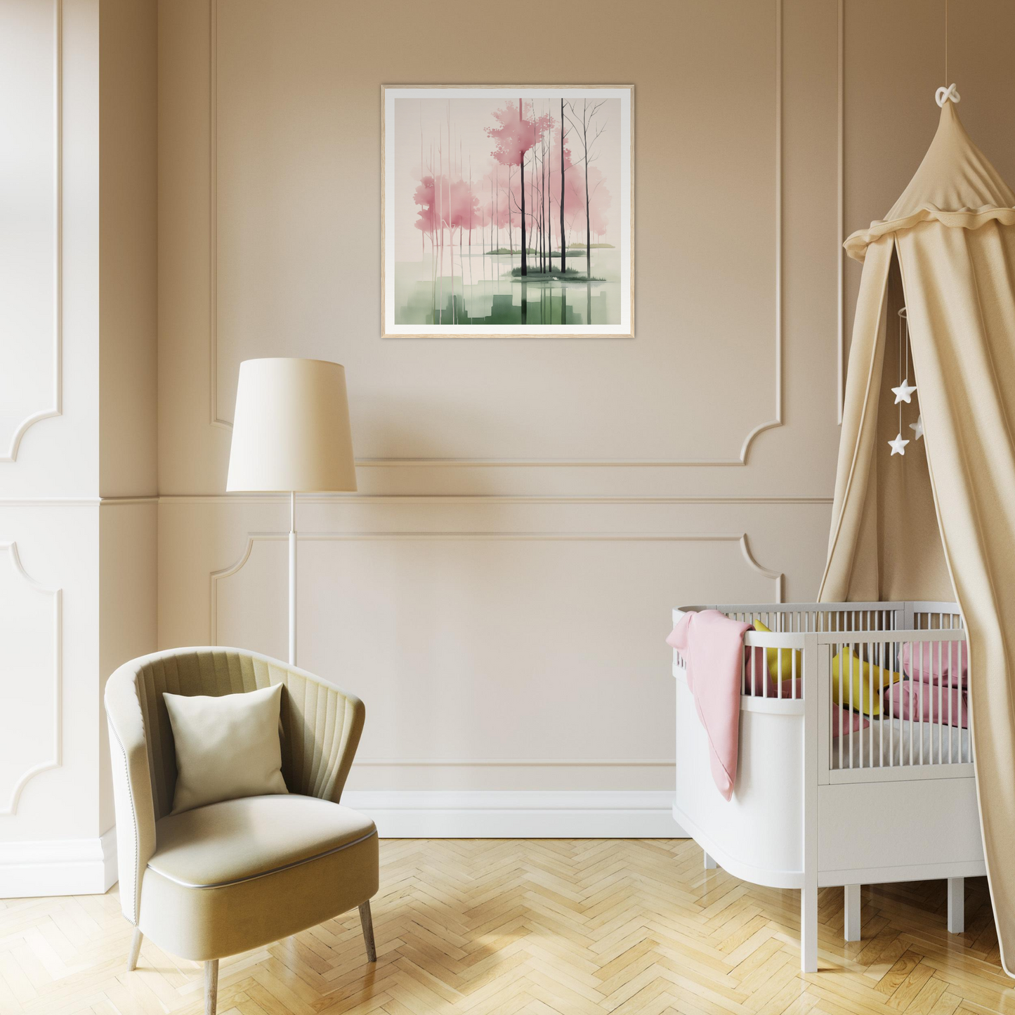 Modern nursery decor with a white crib and beige canopy, perfect for nursery wall art