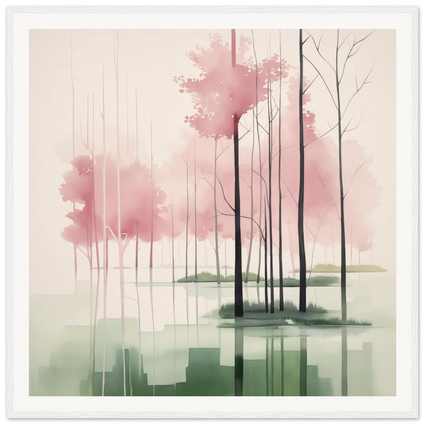 Watercolor painting of misty trees with pink foliage in a framed poster for nursery decor