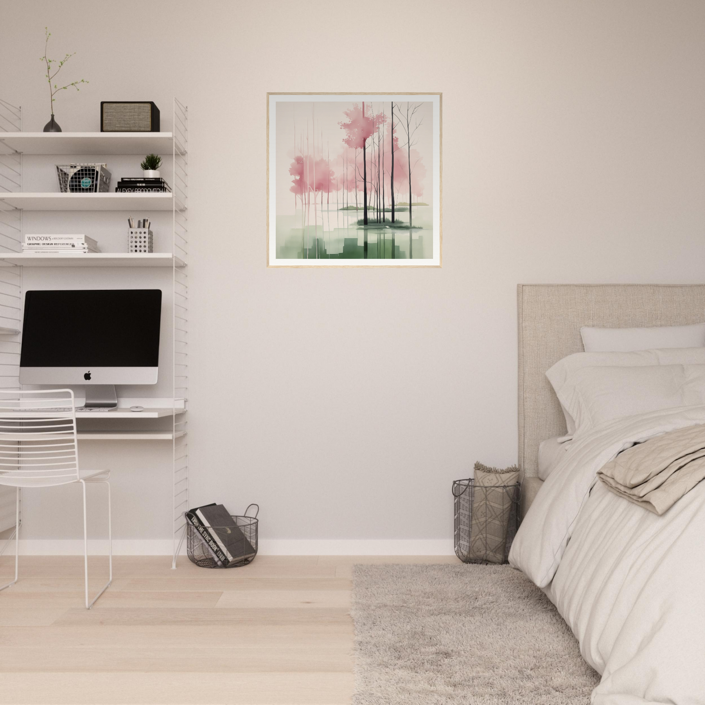 Minimalist bedroom with white shelves and a modern workstation, perfect for nursery decor