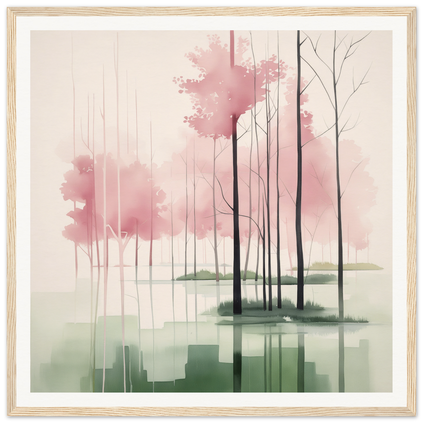 Watercolor painting of misty pink trees reflected in water, perfect for nursery wall art