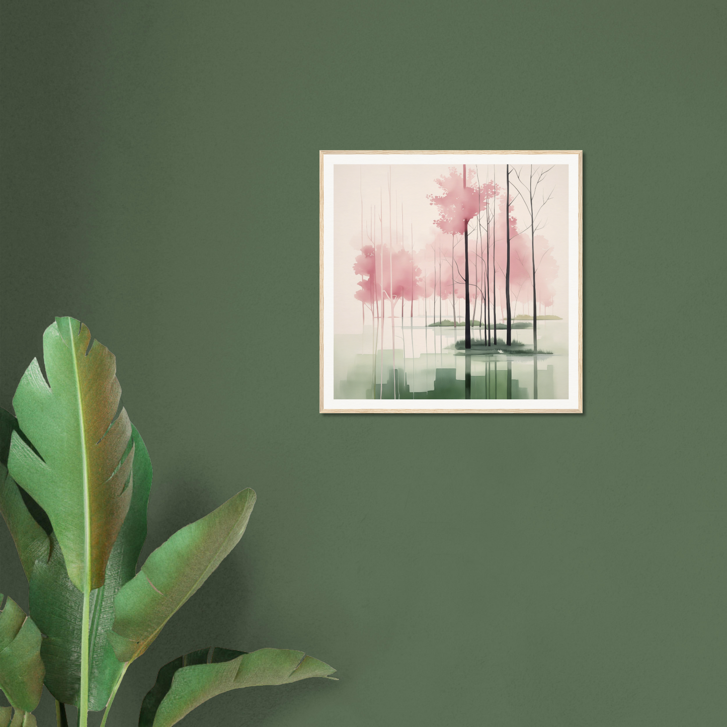 Framed watercolor painting of misty trees and pink sky, perfect nursery wall art
