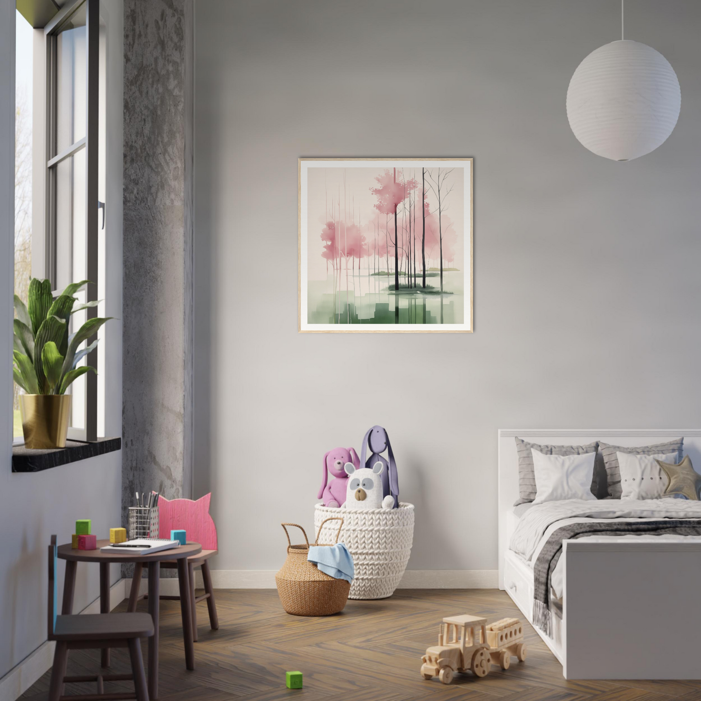 Modern bedroom featuring minimalist gray and pink decor with stylish framed poster