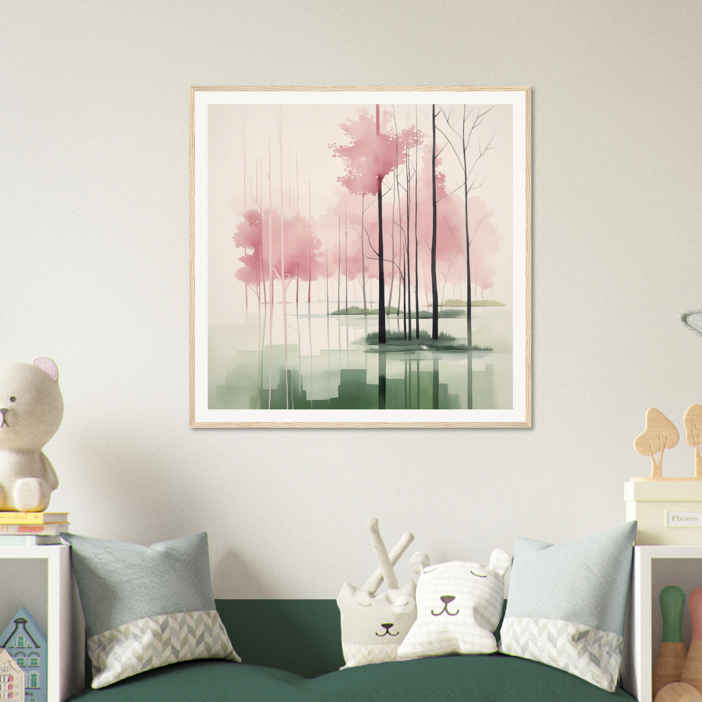 Framed watercolor painting of misty trees, perfect for nursery wall art and decor