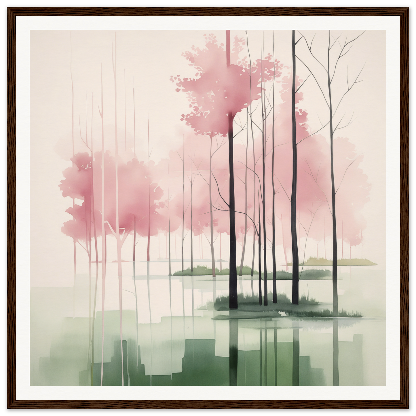 Watercolor painting of misty trees with pink blossoms for nursery wall art decor