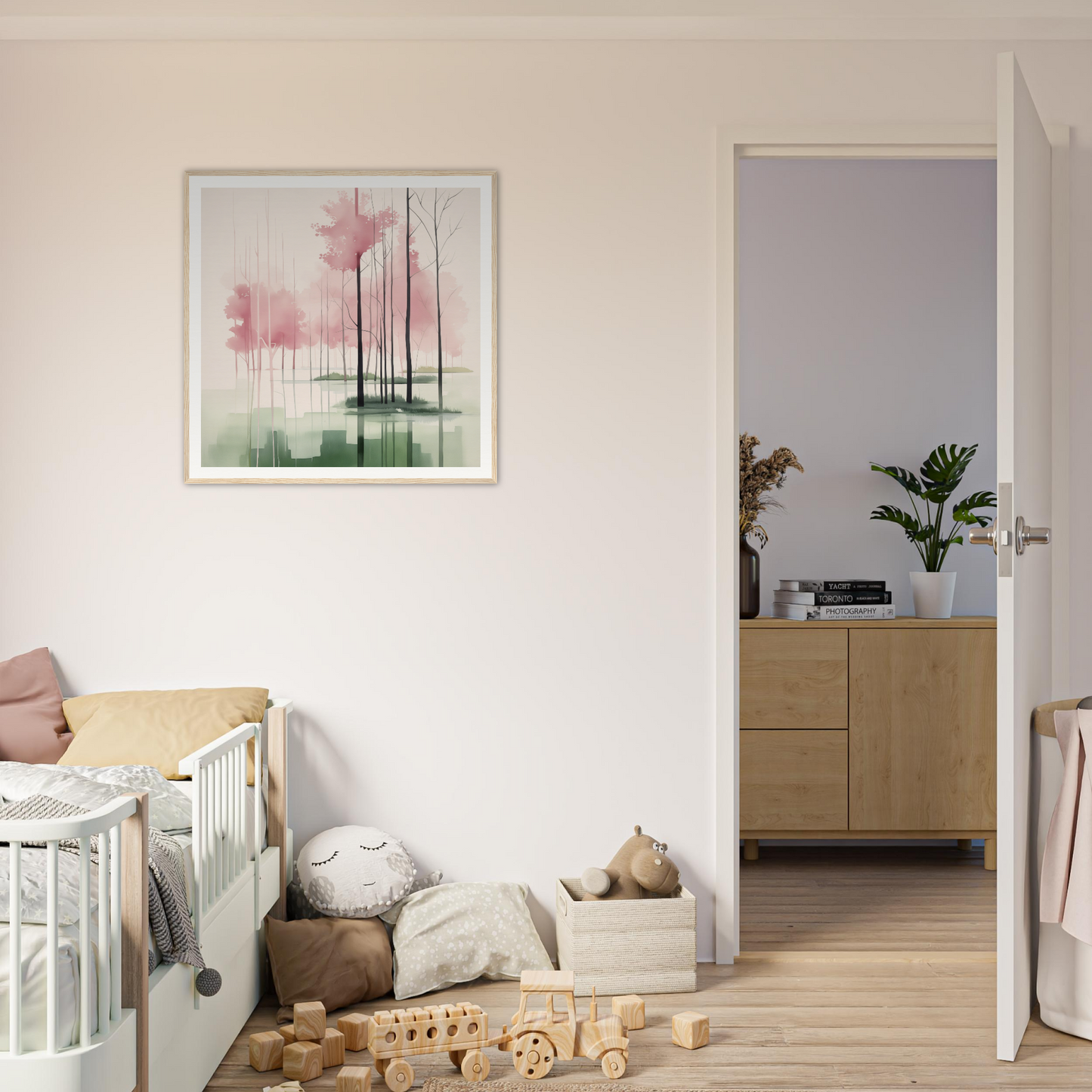 Framed watercolor misty trees in pink and green, perfect for nursery wall art