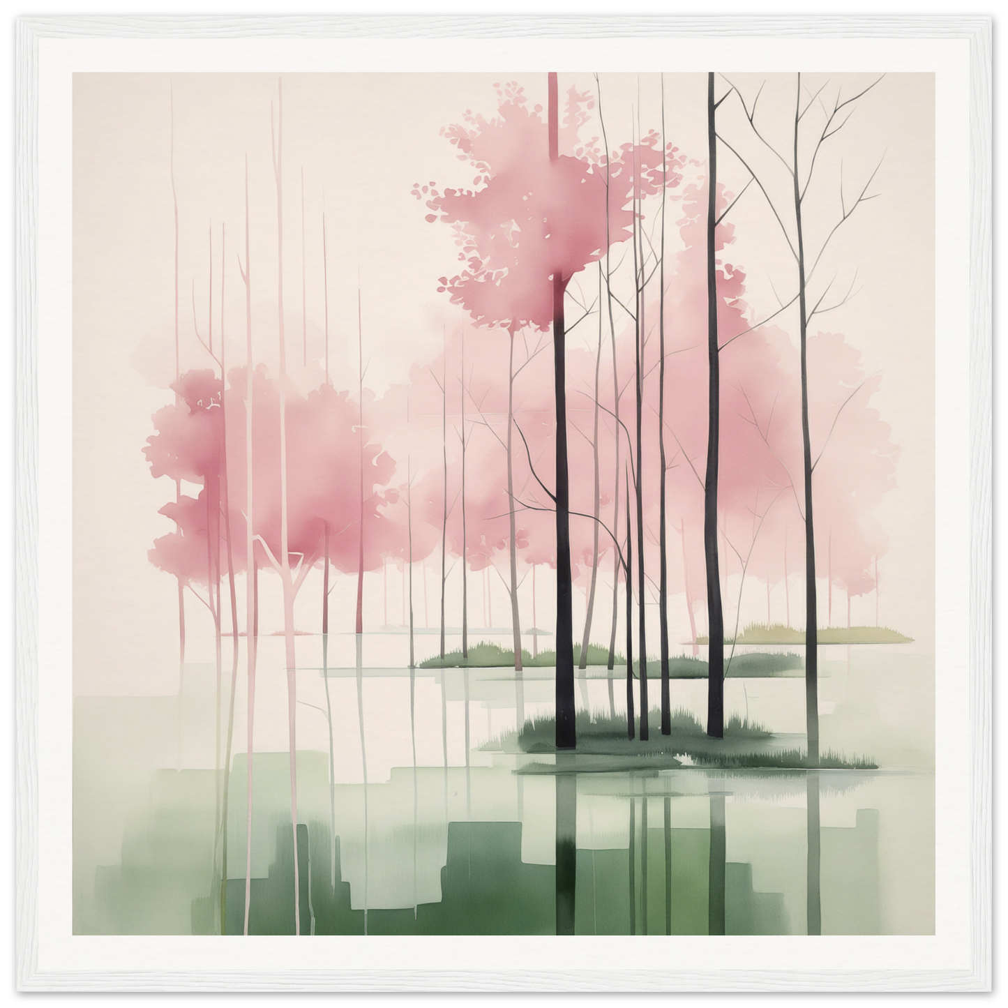 Watercolor nursery wall art of misty pink trees reflected in calm water for charming decor
