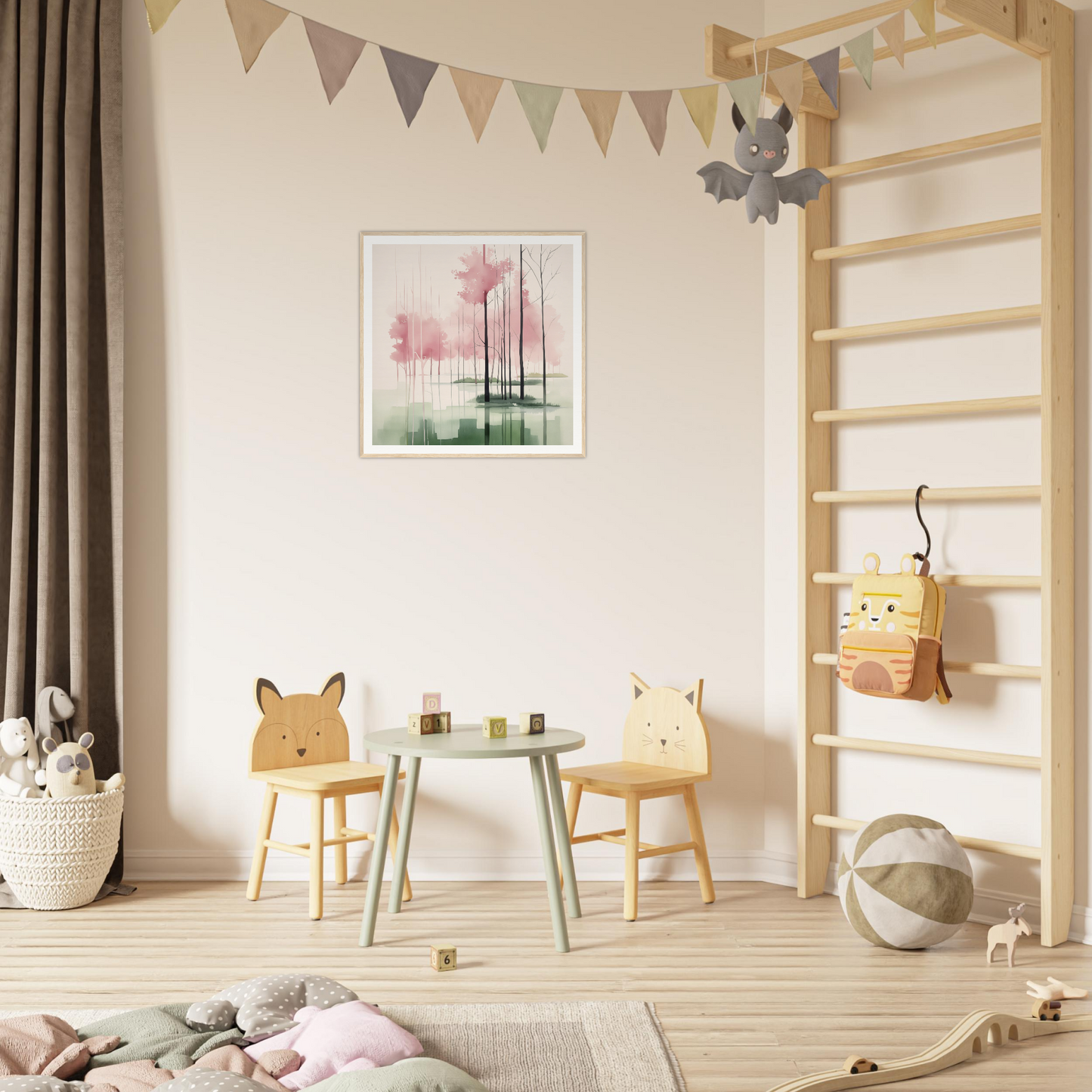 Children’s play area featuring animal chairs and mint green table, perfect nursery decor