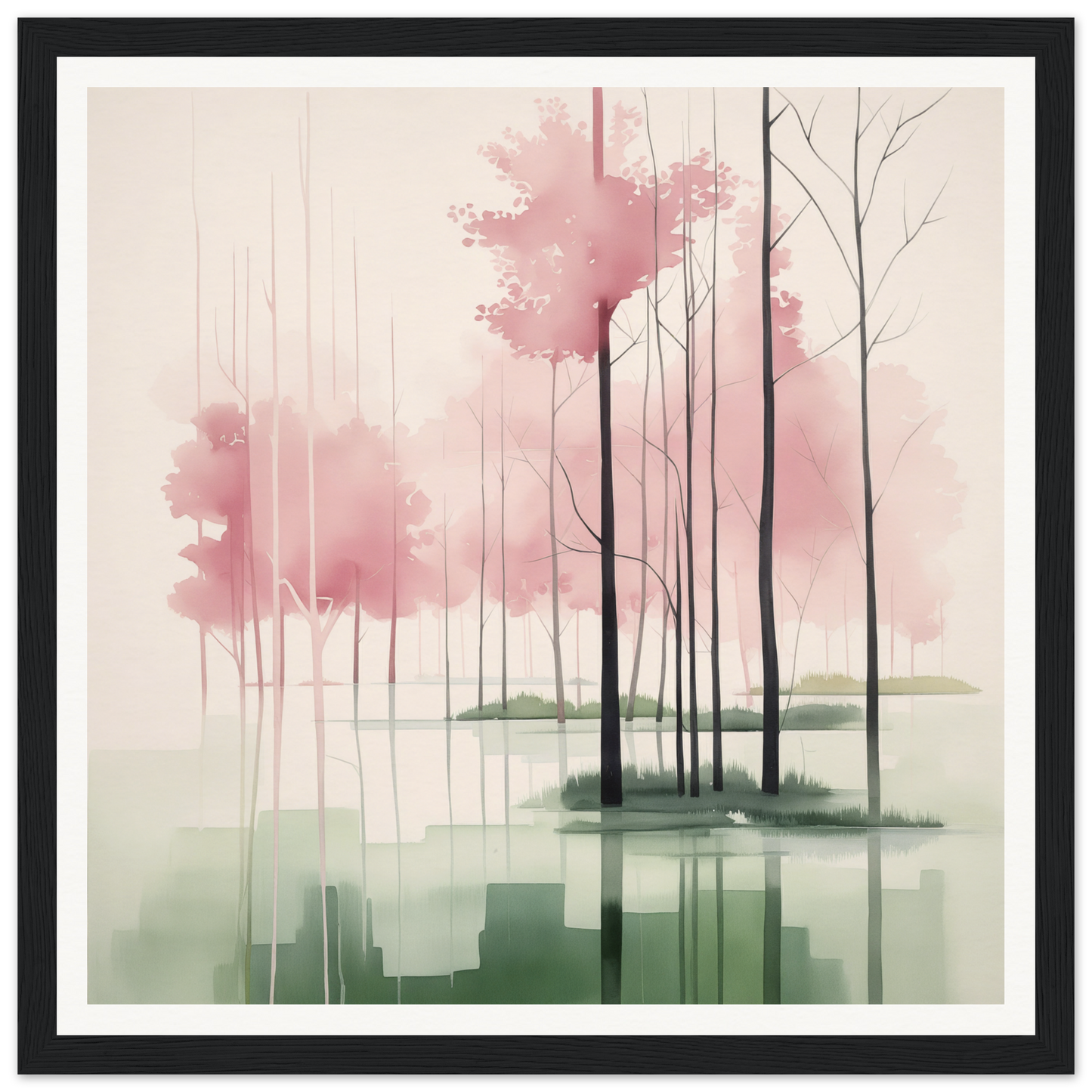 Minimalist watercolor painting of misty trees with pink foliage for nursery wall art