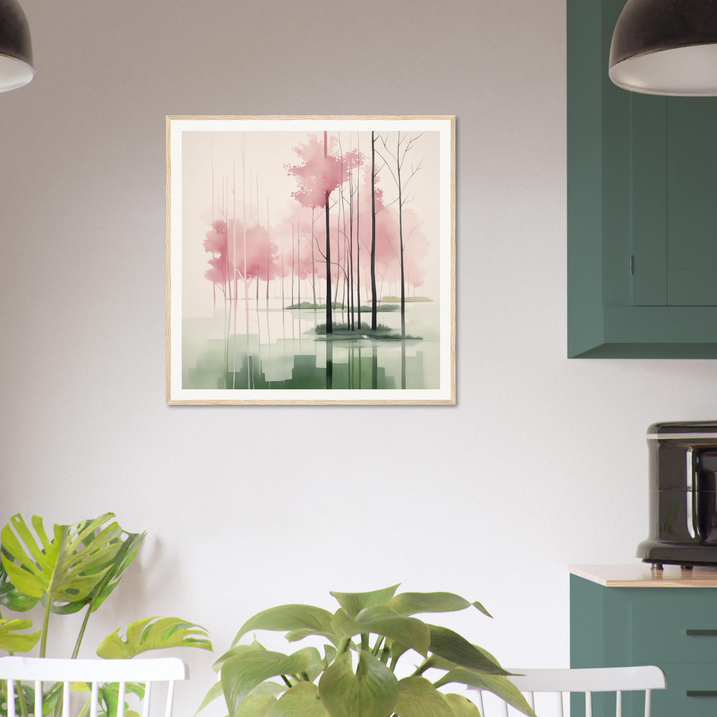 Framed watercolor painting of misty trees in pink and green for nursery wall art