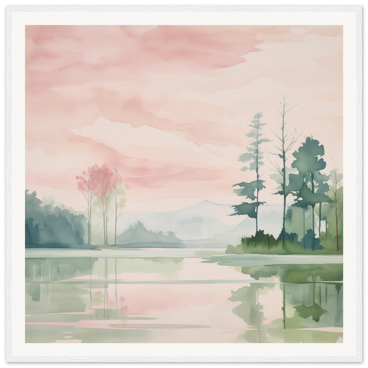 Watercolor painting of a serene lake with evergreen trees, perfect for nursery decor