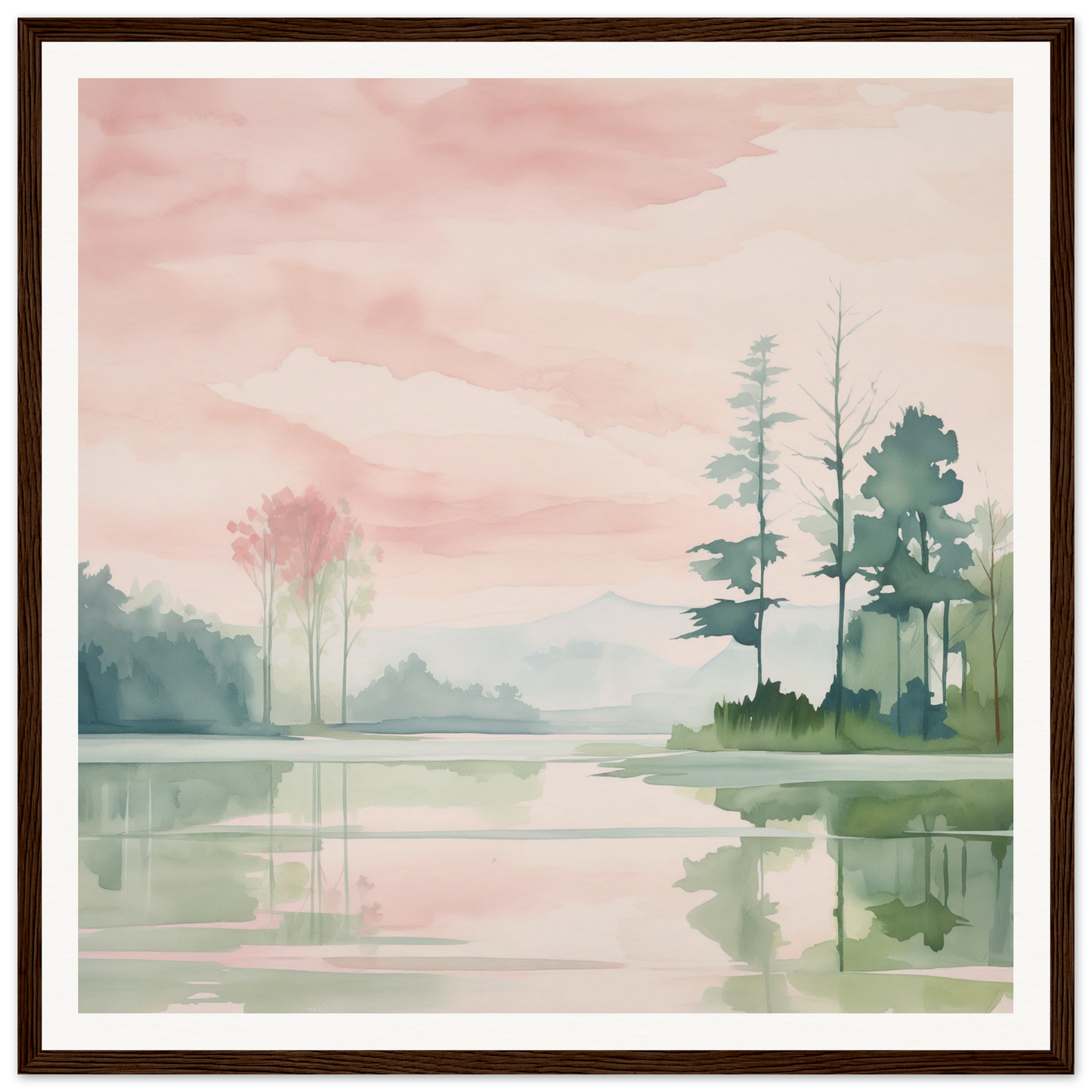 Watercolor sunset lake scene for nursery wall art or framed poster decor